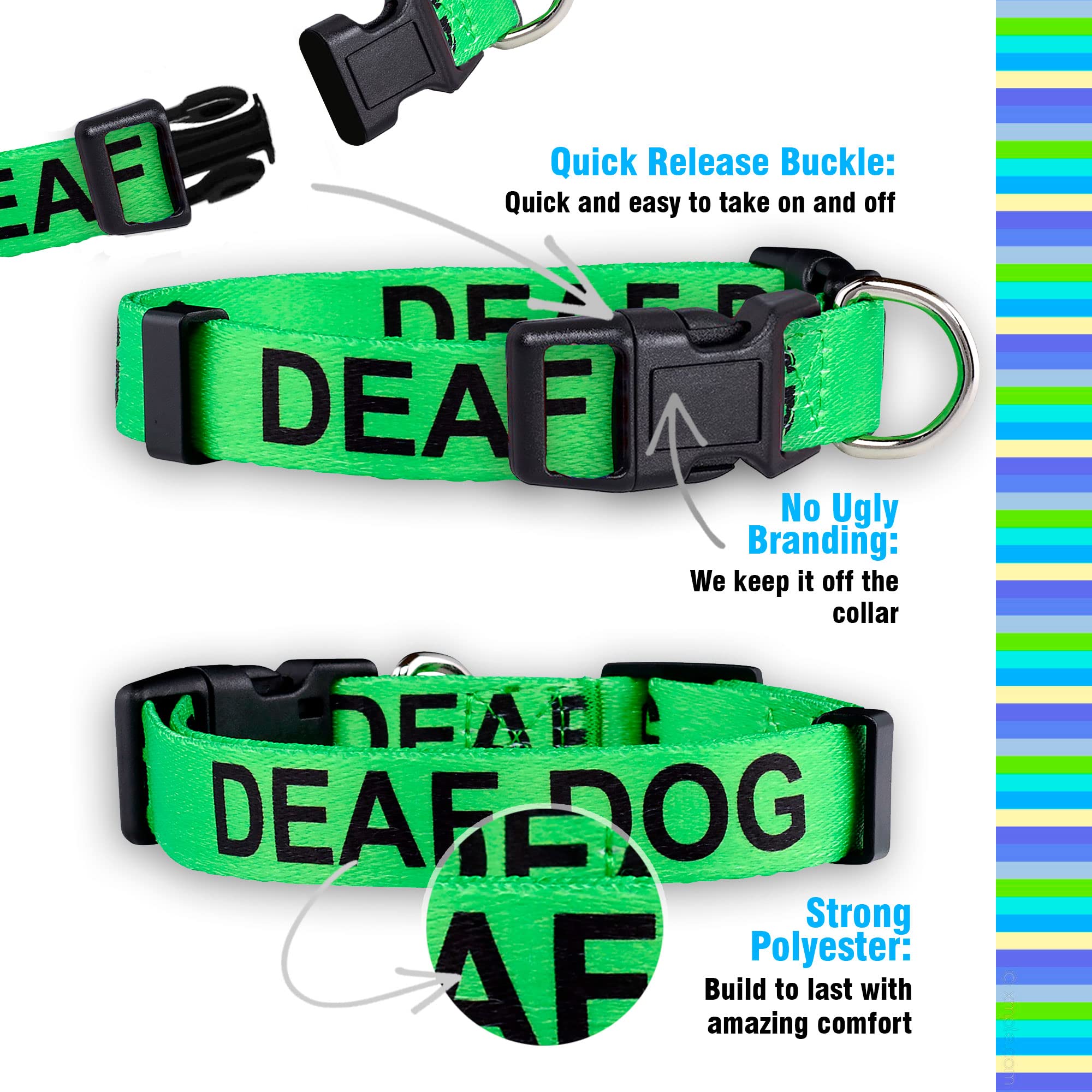 Native Pup Deaf Dog Collar - Hard of Hearing Warning - Large - Green - Durable Polyester