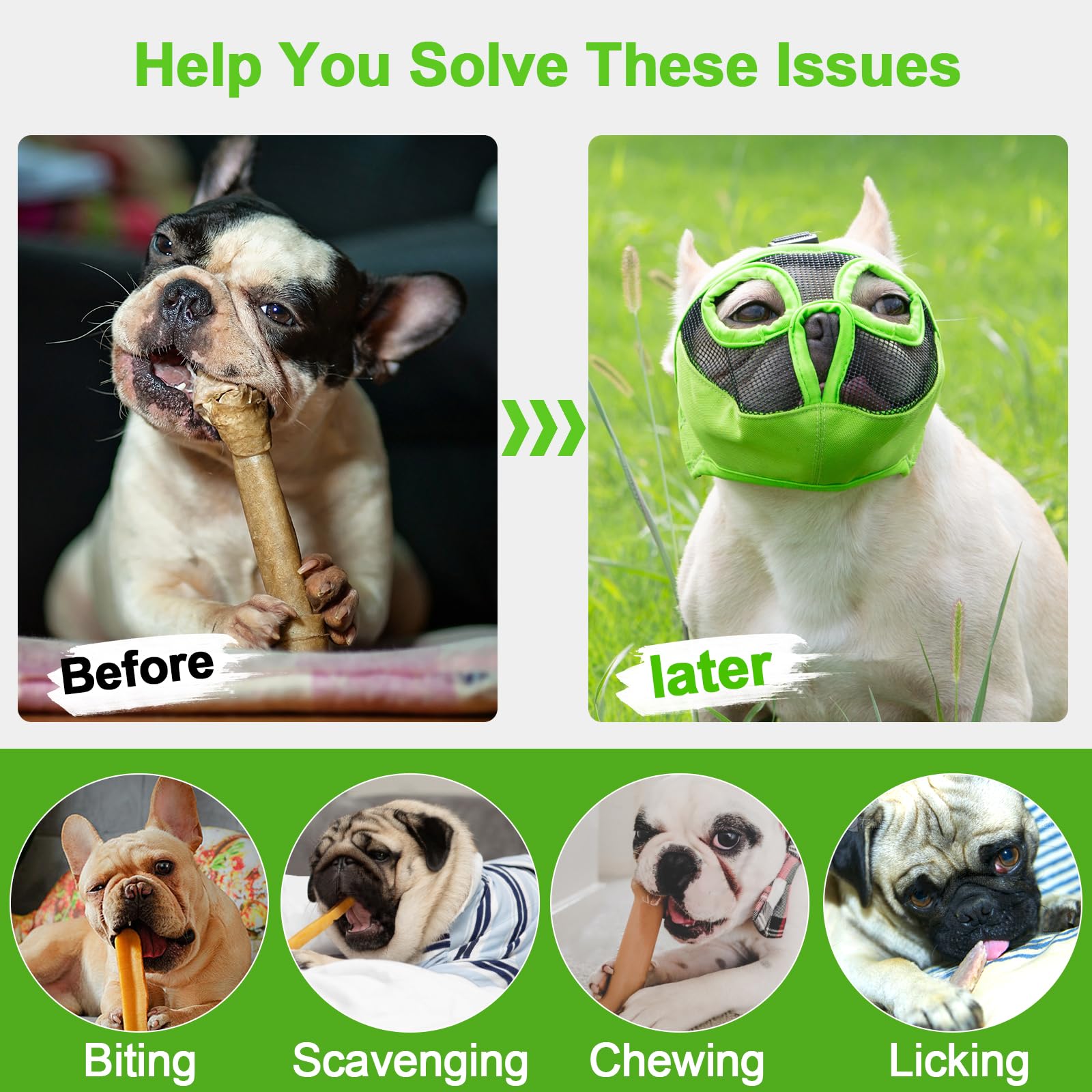 Jyhy Short Snout Dog Muzzles- Adjustable Breathable Mesh Bulldog Muzzle For Biting Chewing Licking Grooming Dog Mask,Green M