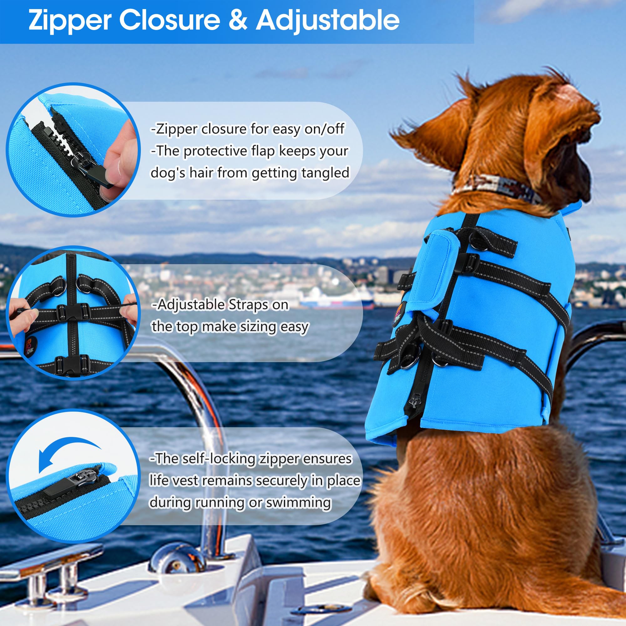 Dogcheer Dog Life Jacket With Zipper And 4Ft Leash, Adjustable Pet Life Vest For Swimming Boating, High Buoyancy Flotation Swim
