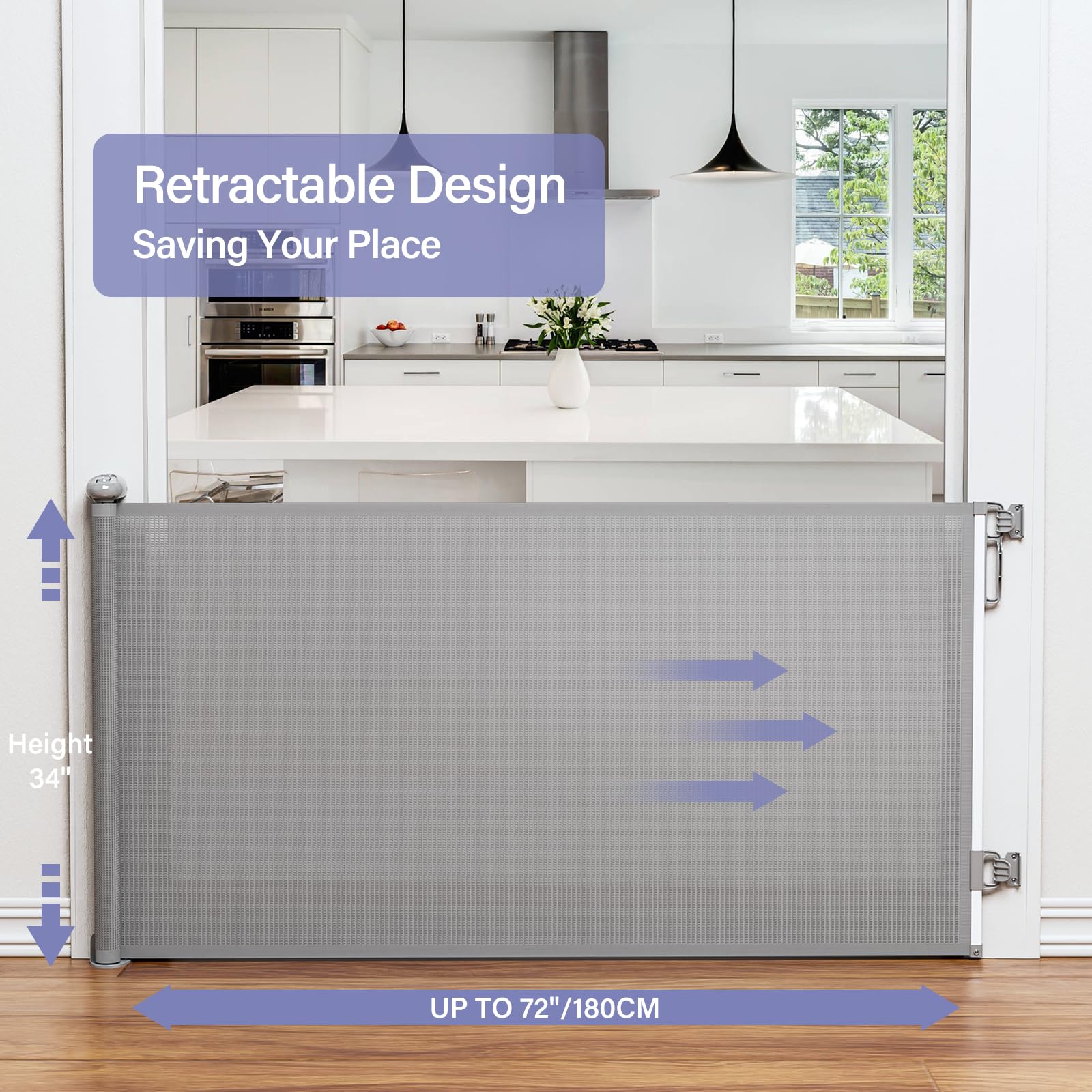 Probebi Retractable Baby Gates Extra Wide，Probebi Retractable Dog Gate The House Extends To 72'' Wide 34'' Tall，Gates Baby Indoor，Stair Gate Outdoor，Staris，Hallways，Doorways，Deck，Porch，C-Grey (Sg021)