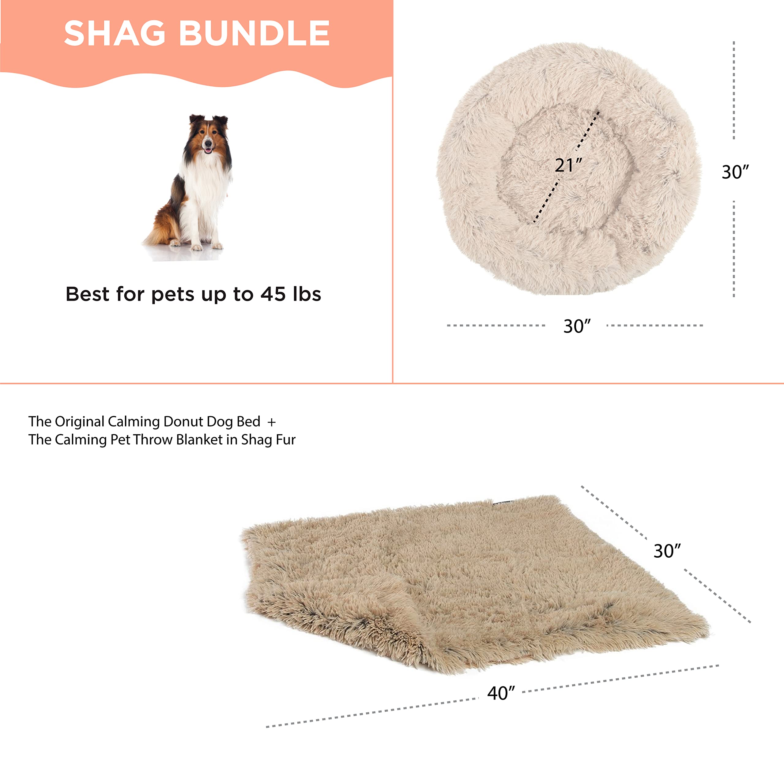 Best Friends by Sheri Calming Shag Donut Cuddler Bed + Pet Blanket Set, Taupe, Extra Medium 30"x30", Long Shag Fur