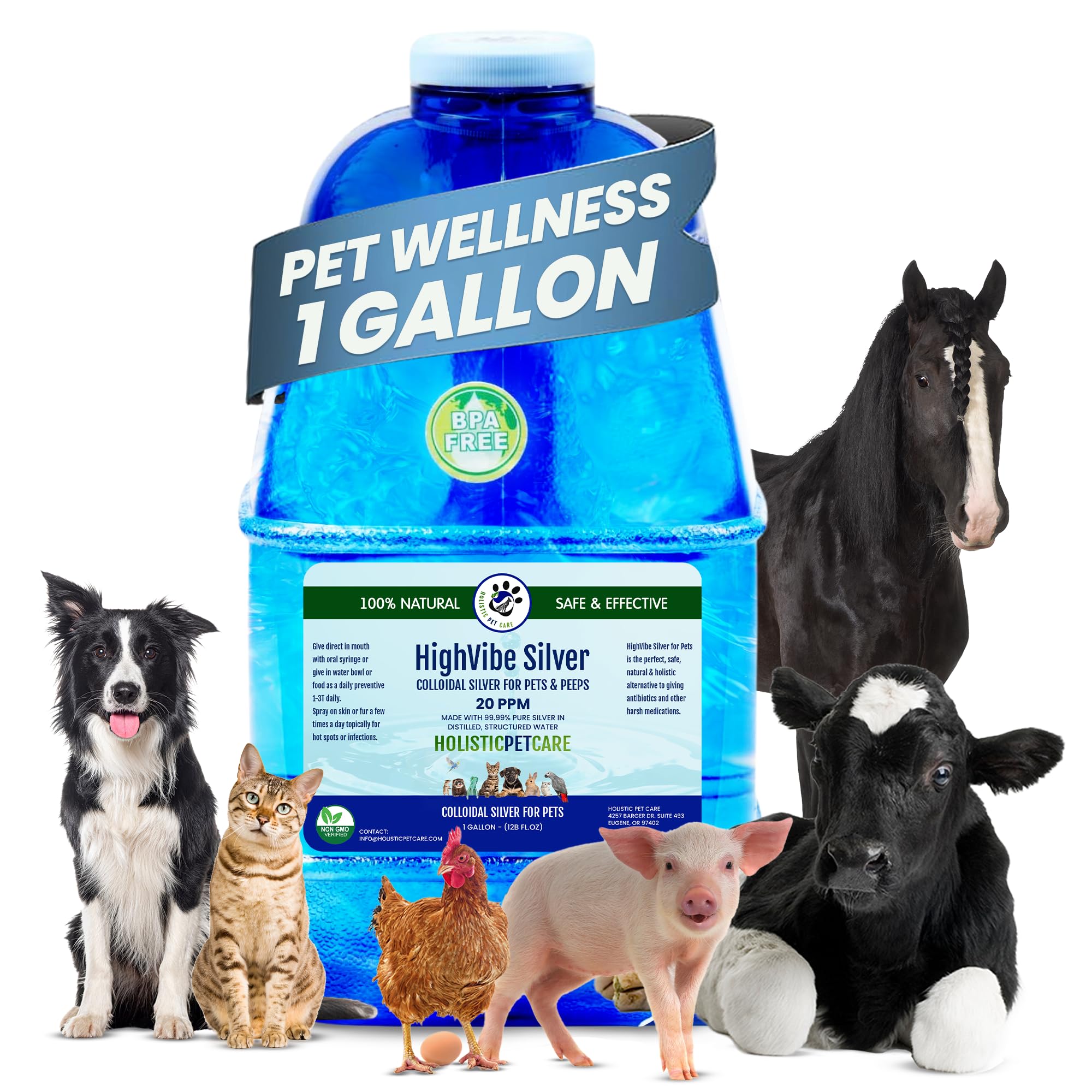 HighVibe Silver- Colloidal Silver for Pets- 20 PPM 1 Gallon - for Dogs, Cats, Horses and All Pets
