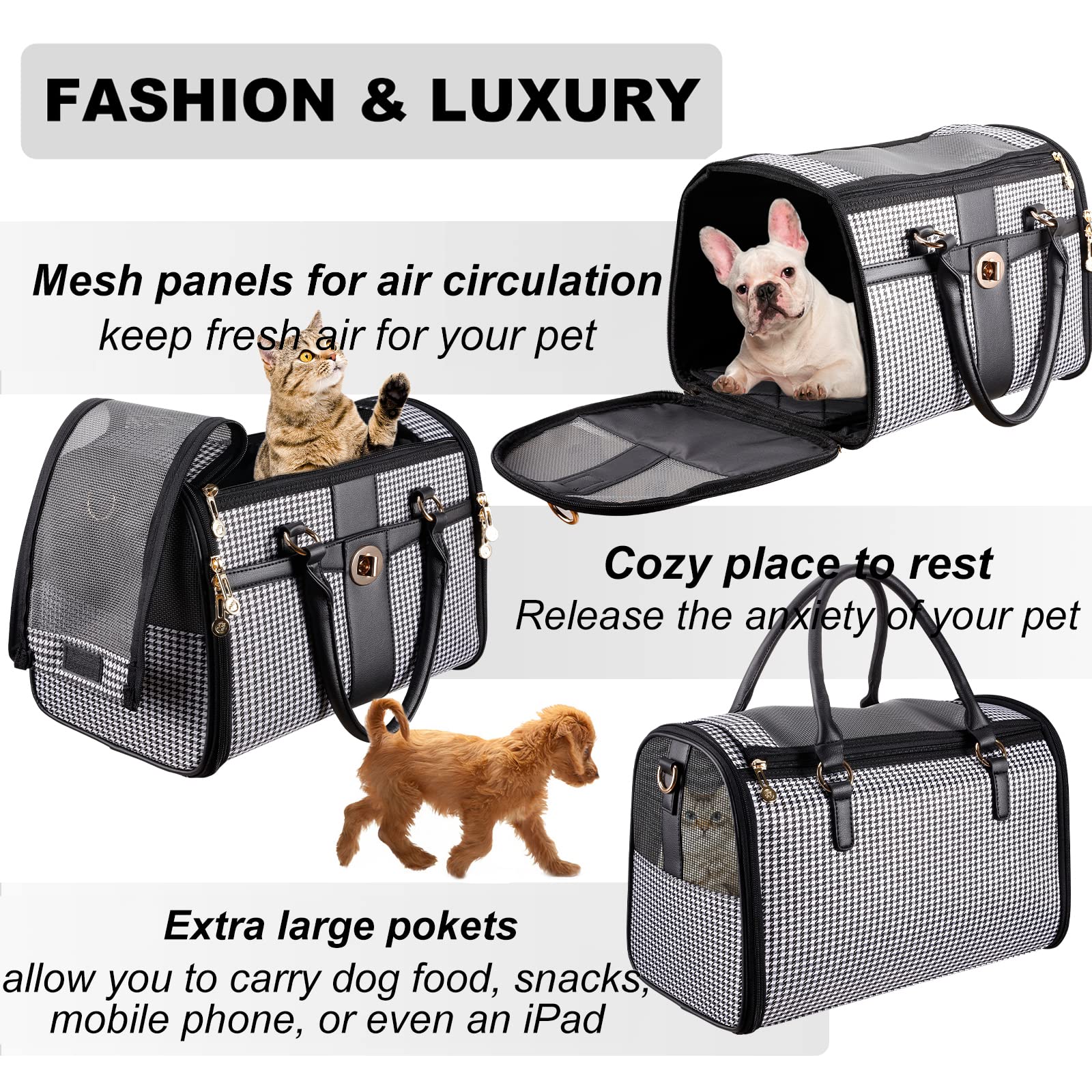NewEle Fashion Dog Purse Carrier for Small Dogs with Extra Large Pocket, Holds Up to 8lbs Woven Cloth Pet Carrier, Cat Carrier,