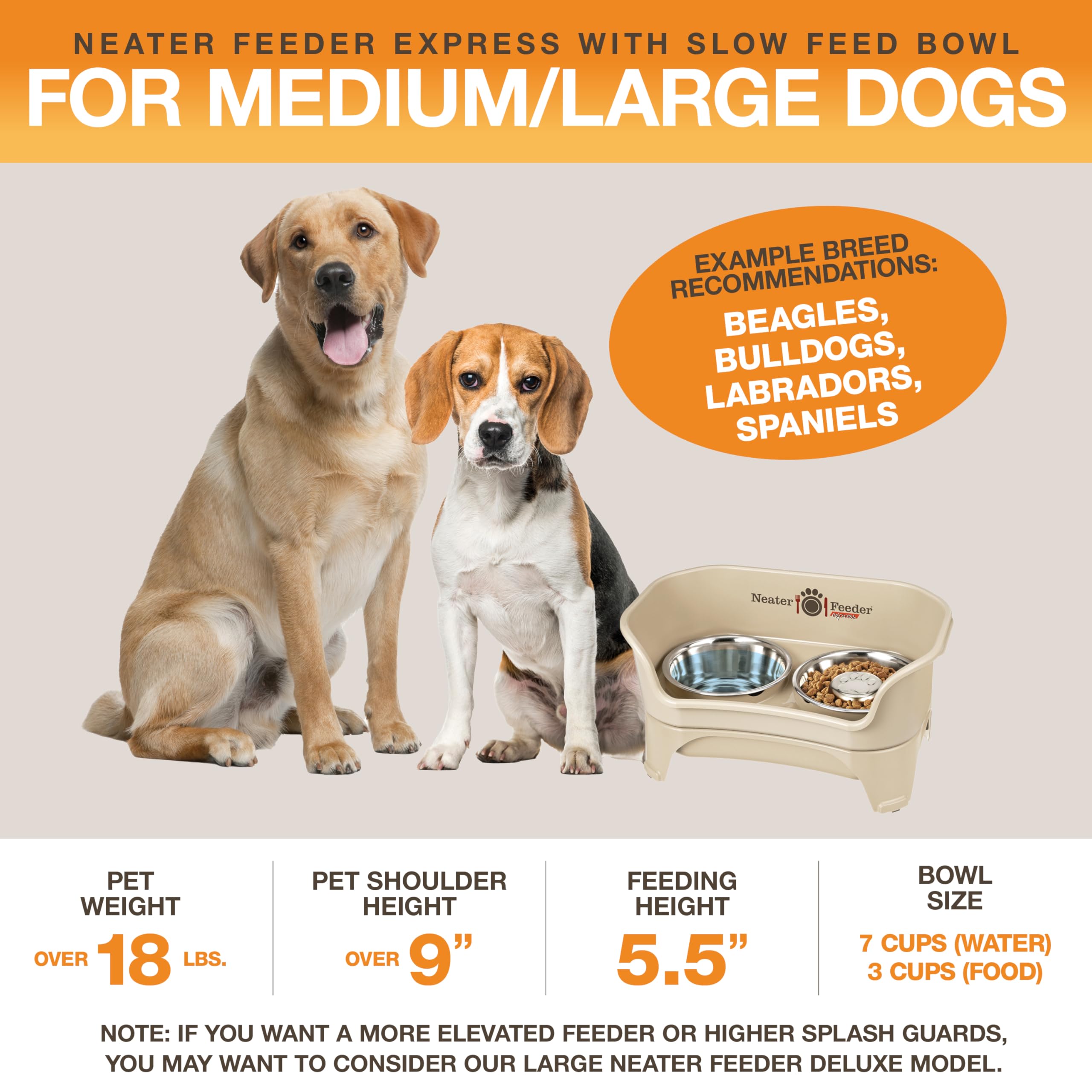 Neater Feeder - Express Model W/ Slow Feed Bowl - Mess-Proof Dog Bowls (M/L, Almond) Made In Usa - Elevated, No Spill, Non-Tip,