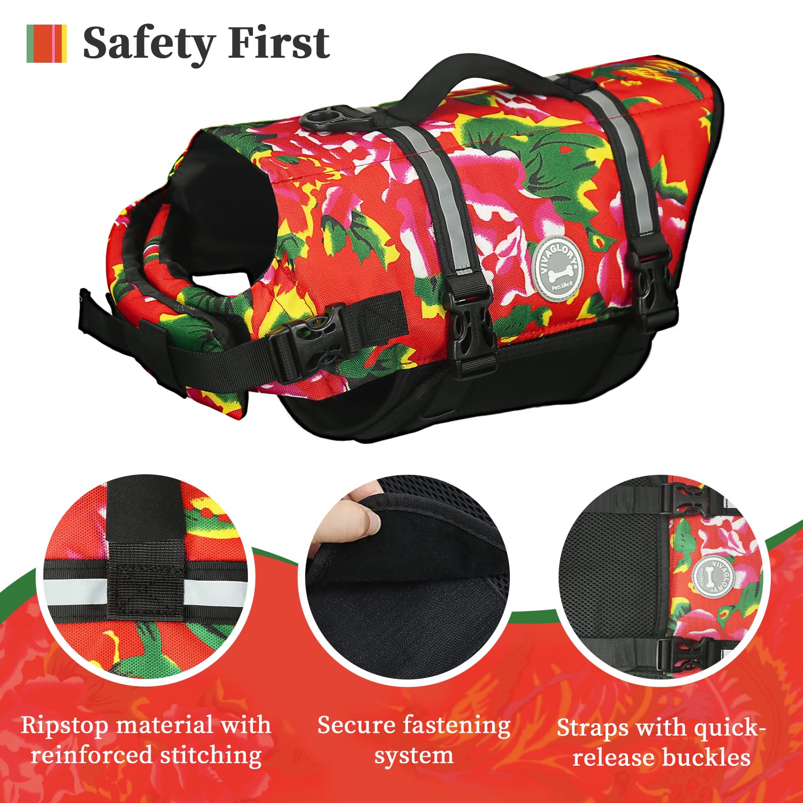 Vivaglory Ripstop Dog Life Jacket For Small Medium Large Dogs Boating, Dog Swimming Vest With Enhanced Buoyancy & Visibility, No