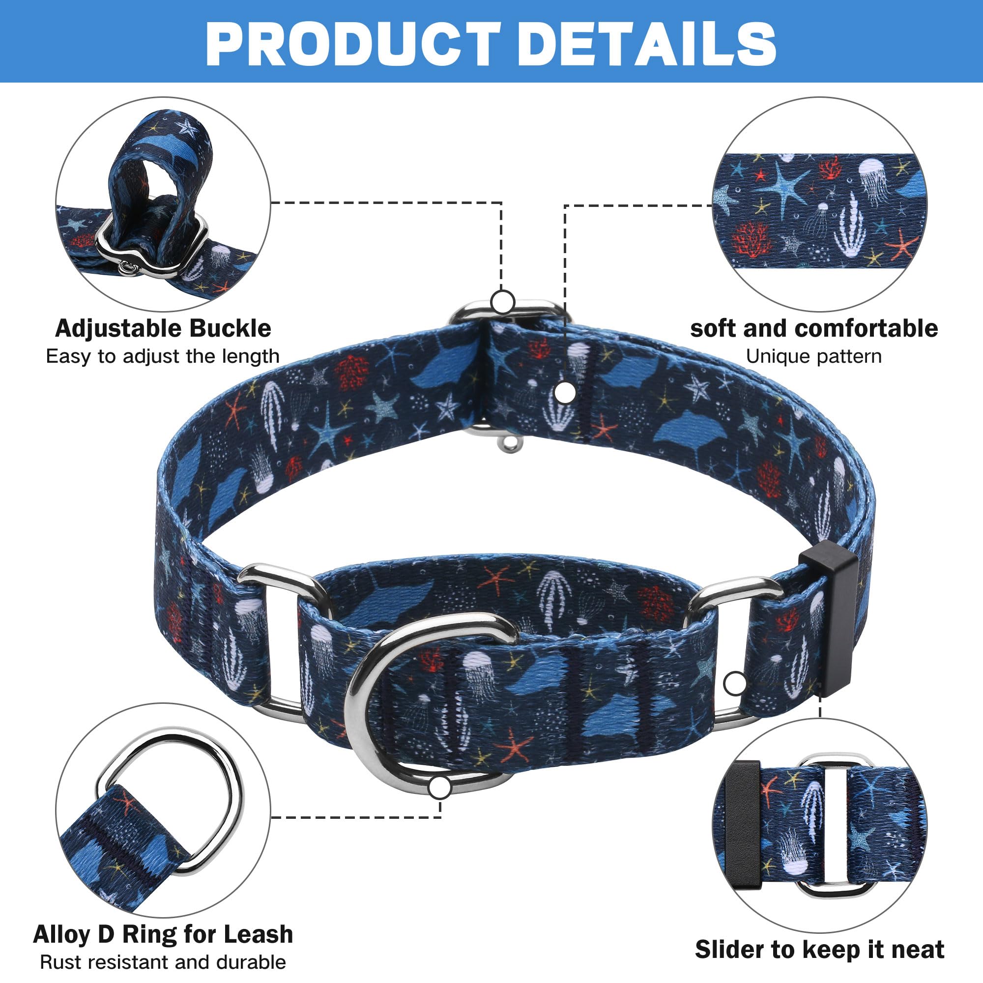 Hikiko Martingale Collar For Dogs With No Buckle Starfish Blue Dog Collars For Medium Dogs,Submarine,M