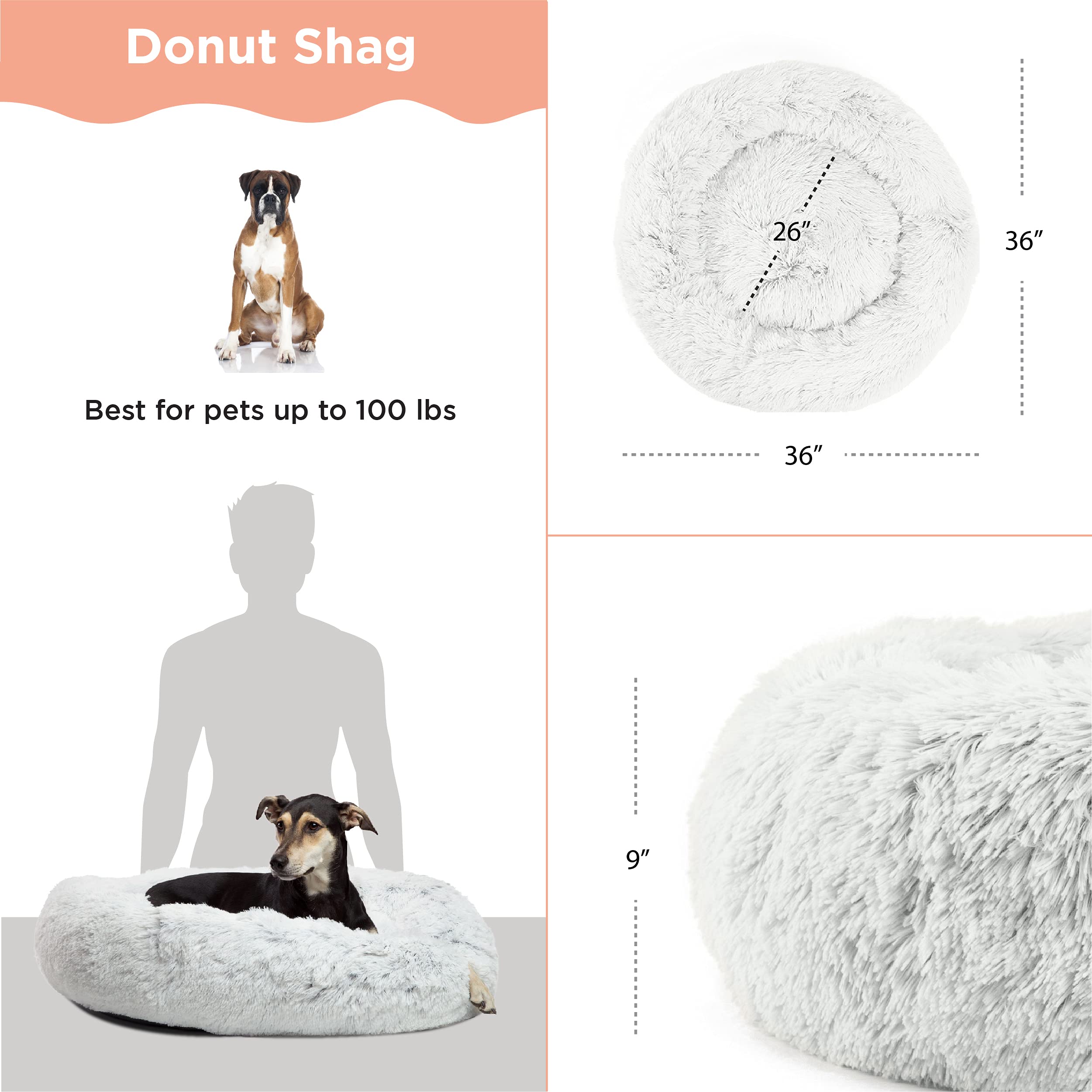 Best Friends By Sheri The Original Calming Donut Dog And Cat Bed In Shag Fur, Frost Gray, Large, 36X36