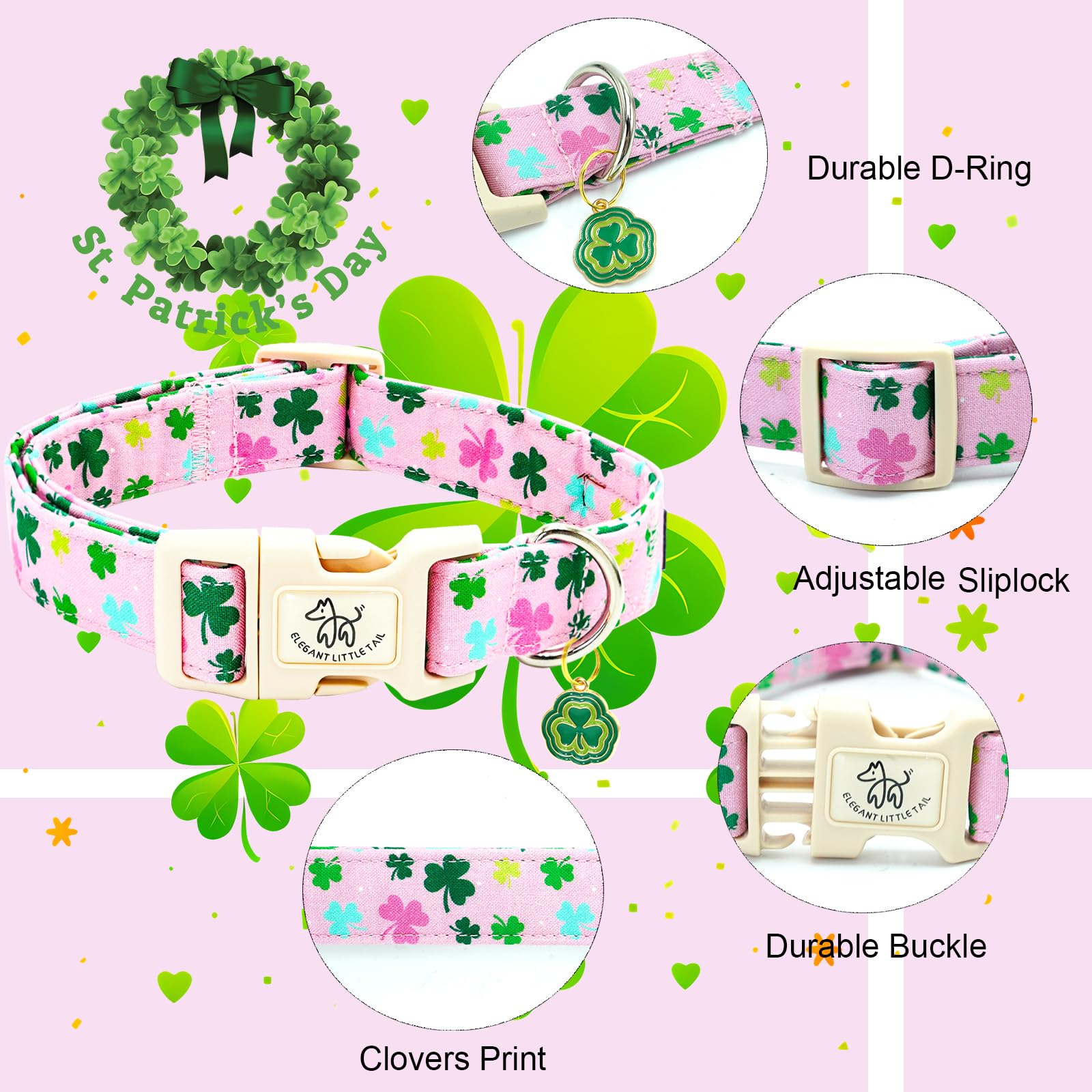 Elegant Little Tail St Patrick'S Dog Collar-Lucky Colver Cotton Shamrock Pet Collar Trefoil Holiday Adjustable Cotton Pet Collar
