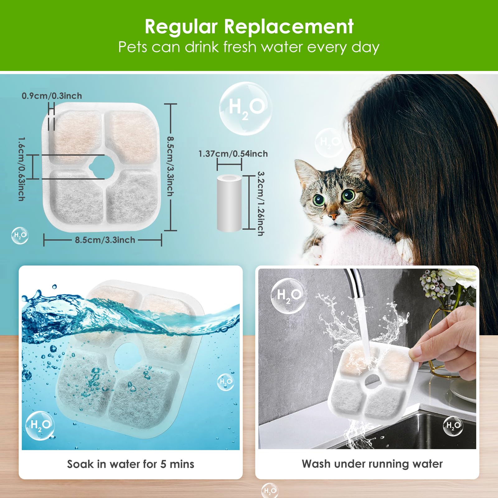 Cat Water Fountain Filter, 3-Pack Pet Fountain Filter Replacement Compatible With 2L/2.5L Cat Drinking Fountain, Replacement Triple Action Water Filter Activated Carbon Filter, 1 Hose