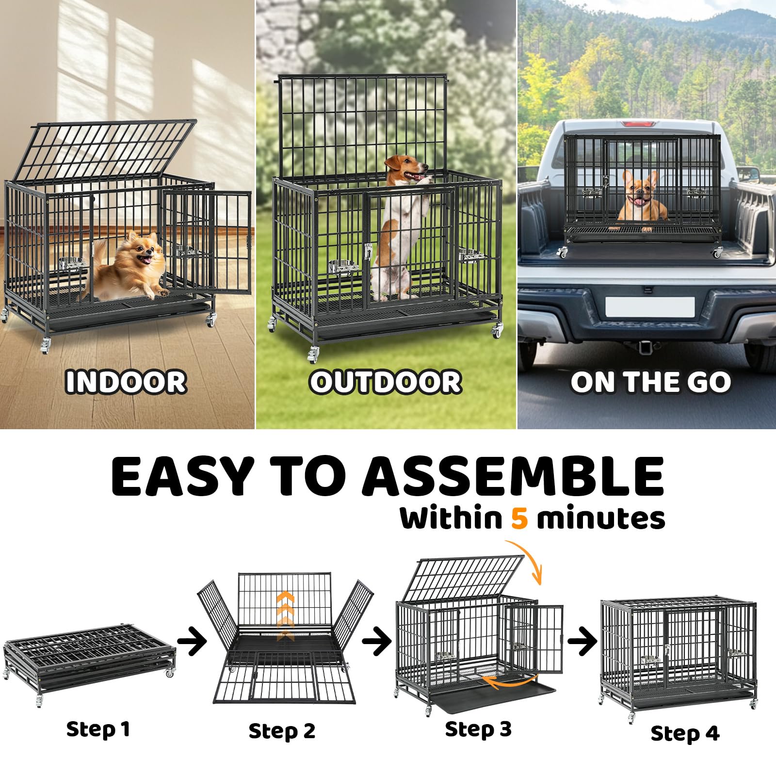 Homey Pet 2 Pack Three Tiers 37 Inch Dog Crate Stackable, Escape Proof Dog Cage Kennel Indoor With Top Access And Lockable Wheel