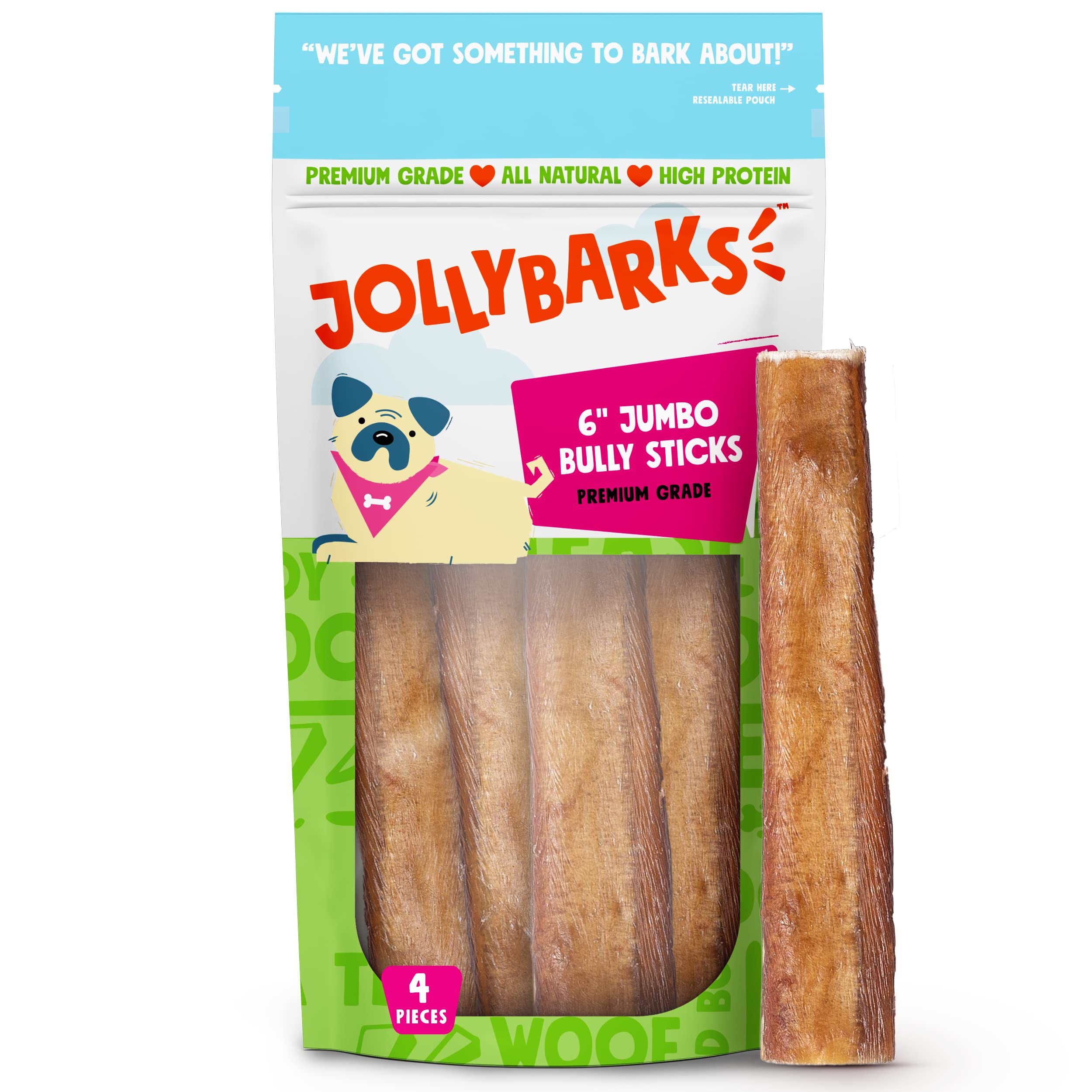 Jolly Barks Bully Sticks for Small Dogs | All Natural, Single Ingredient Bully Sticks for Puppies to Medium Dogs (6 Jumbo Bully 