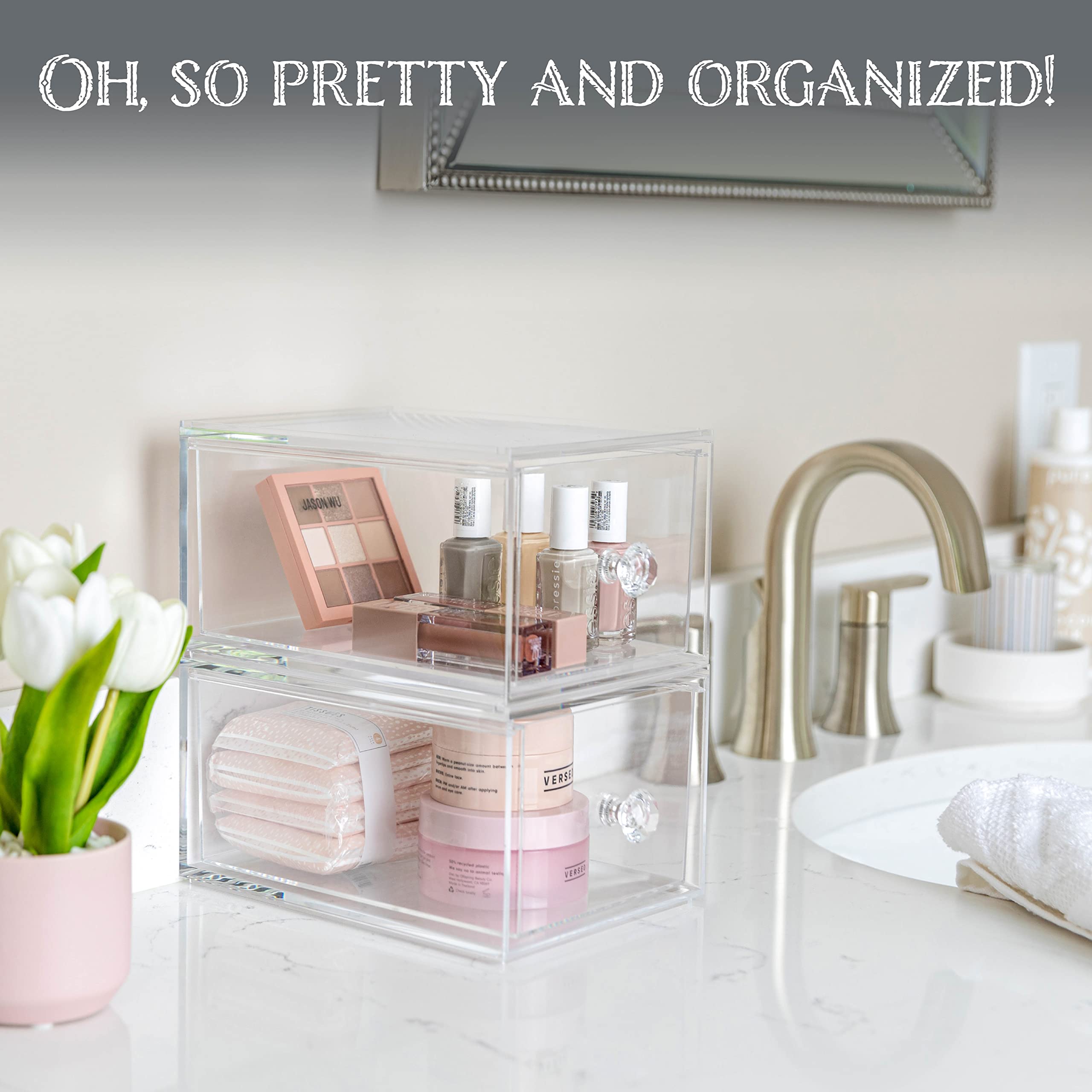 Clear Drawer Organizers - Acrylic, Durable, Stackable, Pull-Out Drawer Great For Medicine, Cosmetics, Makeup And Bathroom Organi
