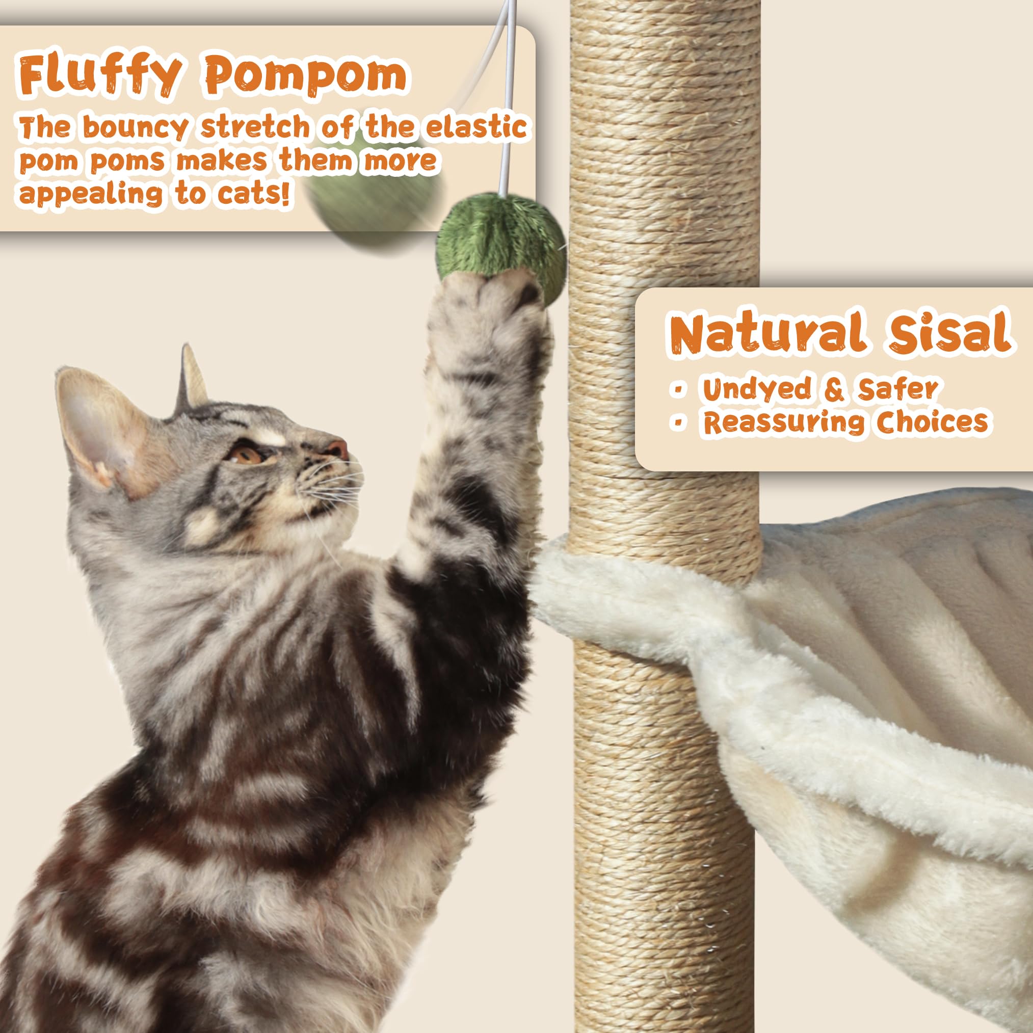Fantasreen Cat Scratching Post - 28" Wooden Cat Tree Tower with Hammock, Sisal Material, White, Ideal for Kittens and Adult Cats