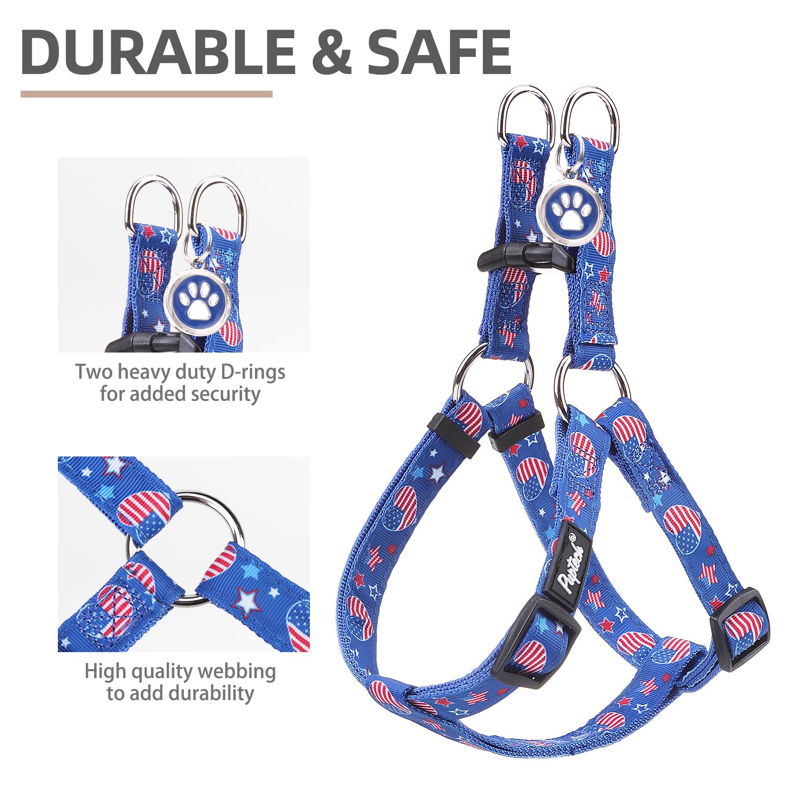 Pupteck No Pull Dog Harness Soft Adjustable Basic Nylon Step In Puppy Vest Outdoor Walking With Id Tag, American Flag, M
