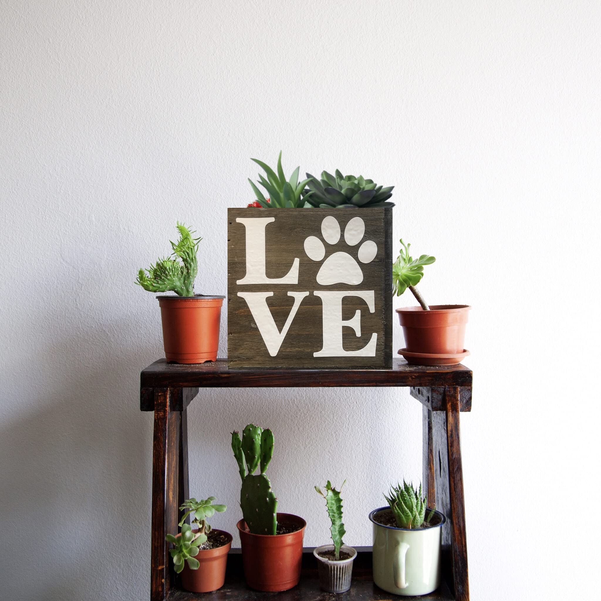 Paw Love Succulent Planter, Cute Gift For Cat And Dog Lovers, Veterinarian, Decorative Bin (4 Square Inches, Natural Brown Wood)