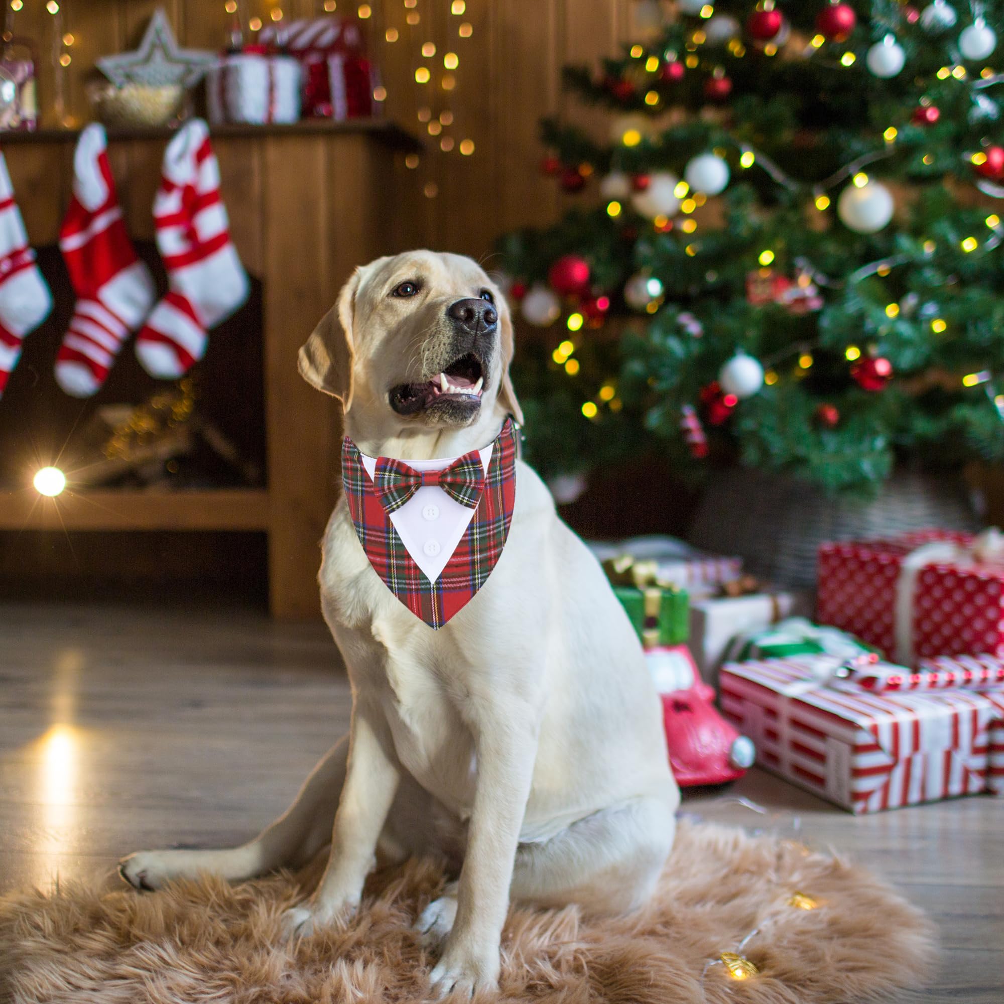 Adoggygo Christmas Dog Tuxedo Bandana, Red Plaid Pet Chritstmas Collar With Bowtie, Adjustable Christmas Costume For Large Dogs