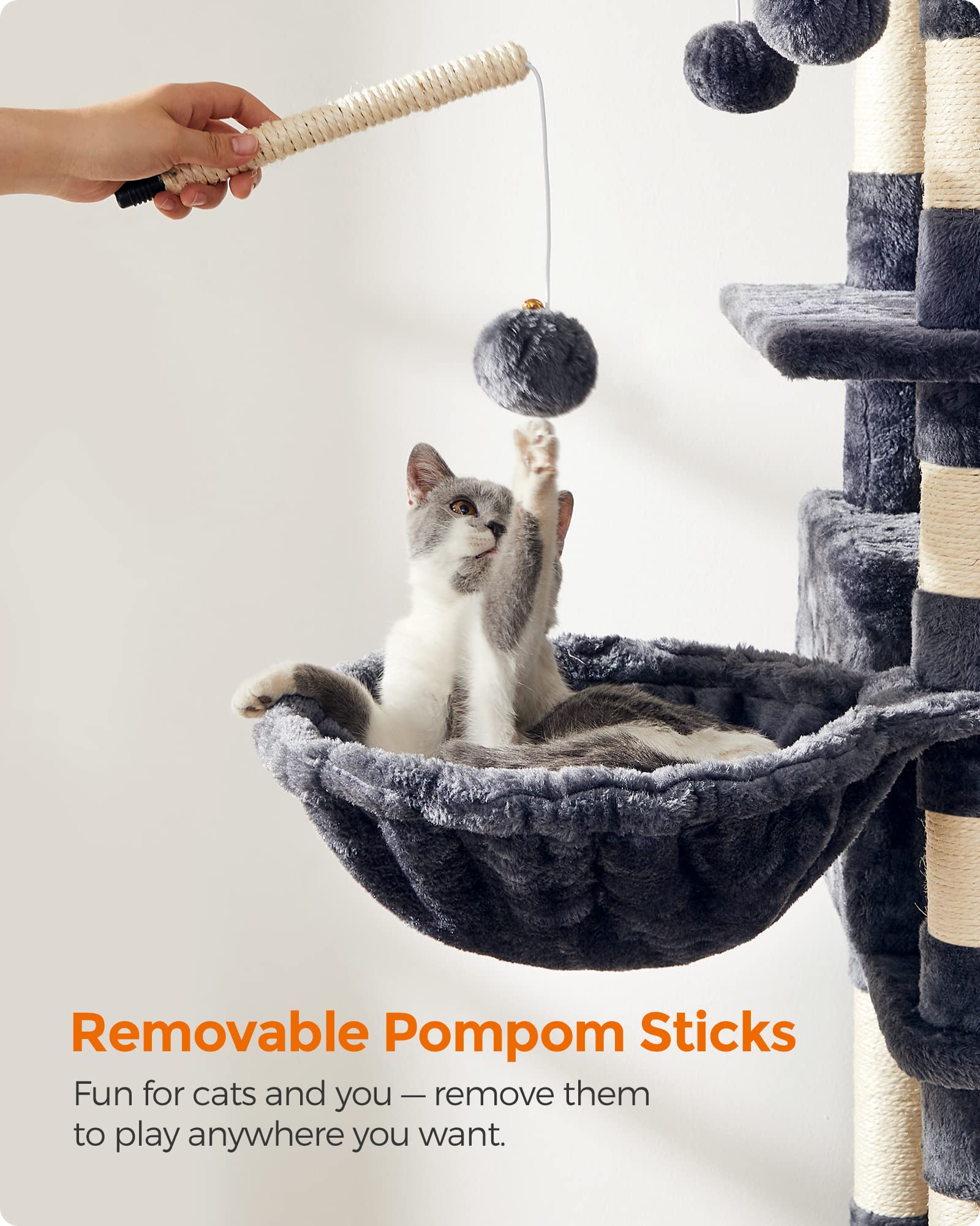 Feandrea Cat Tree, Large Cat Tower, 64.6 Inches, Cat Activity Center With Hammock, Basket, Removable Fur Ball Sticks, Cat Condo, Smoky Gray Upct087G01