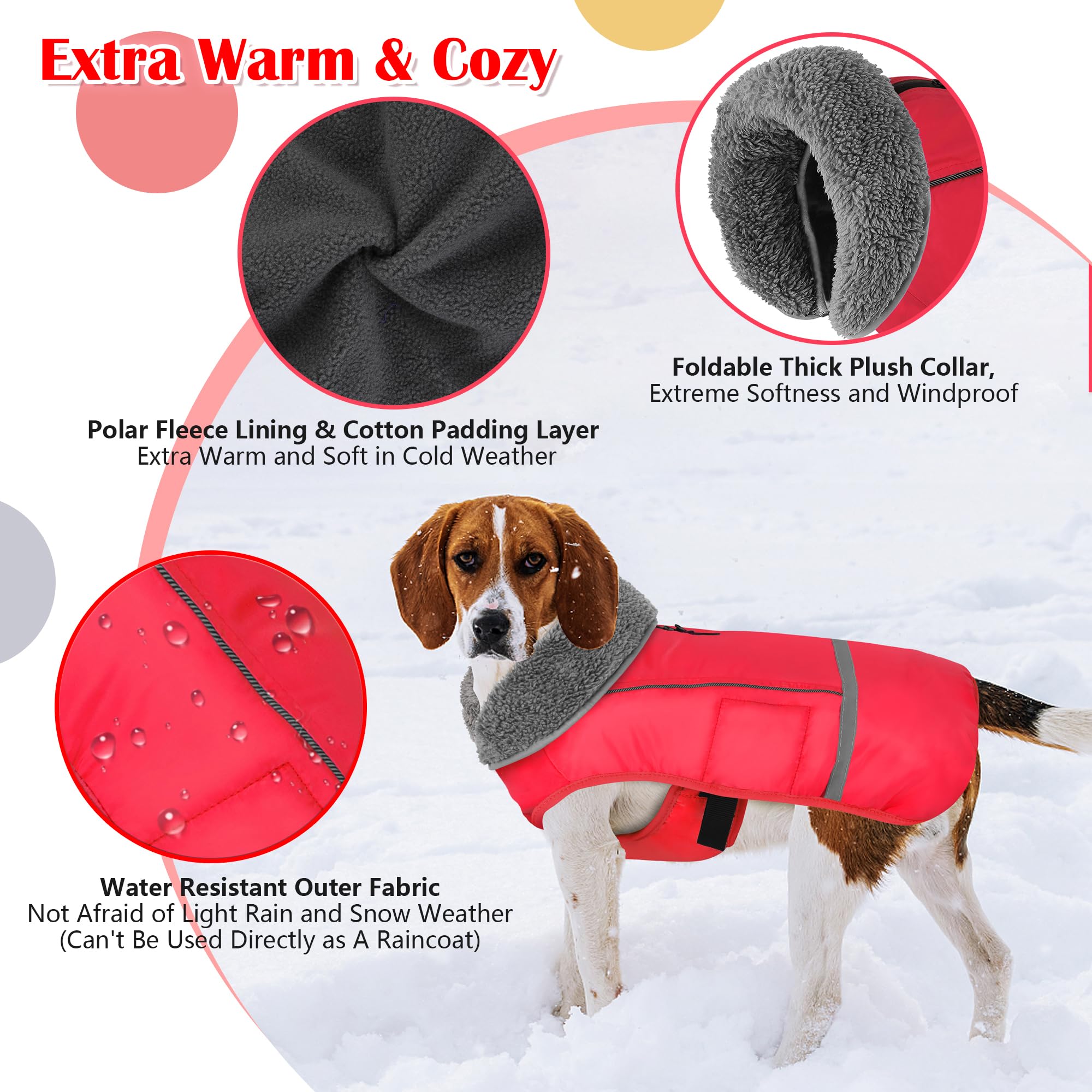 Dogcheer Warm Dog Coat, Waterproof Dog Jacket Winter Coat Turtleneck Windproof Pet Cold Weather Coats, Reflective Adjustable Dog Snow Jacket Fleece Sweater For Small Medium Large Dogs -Red M