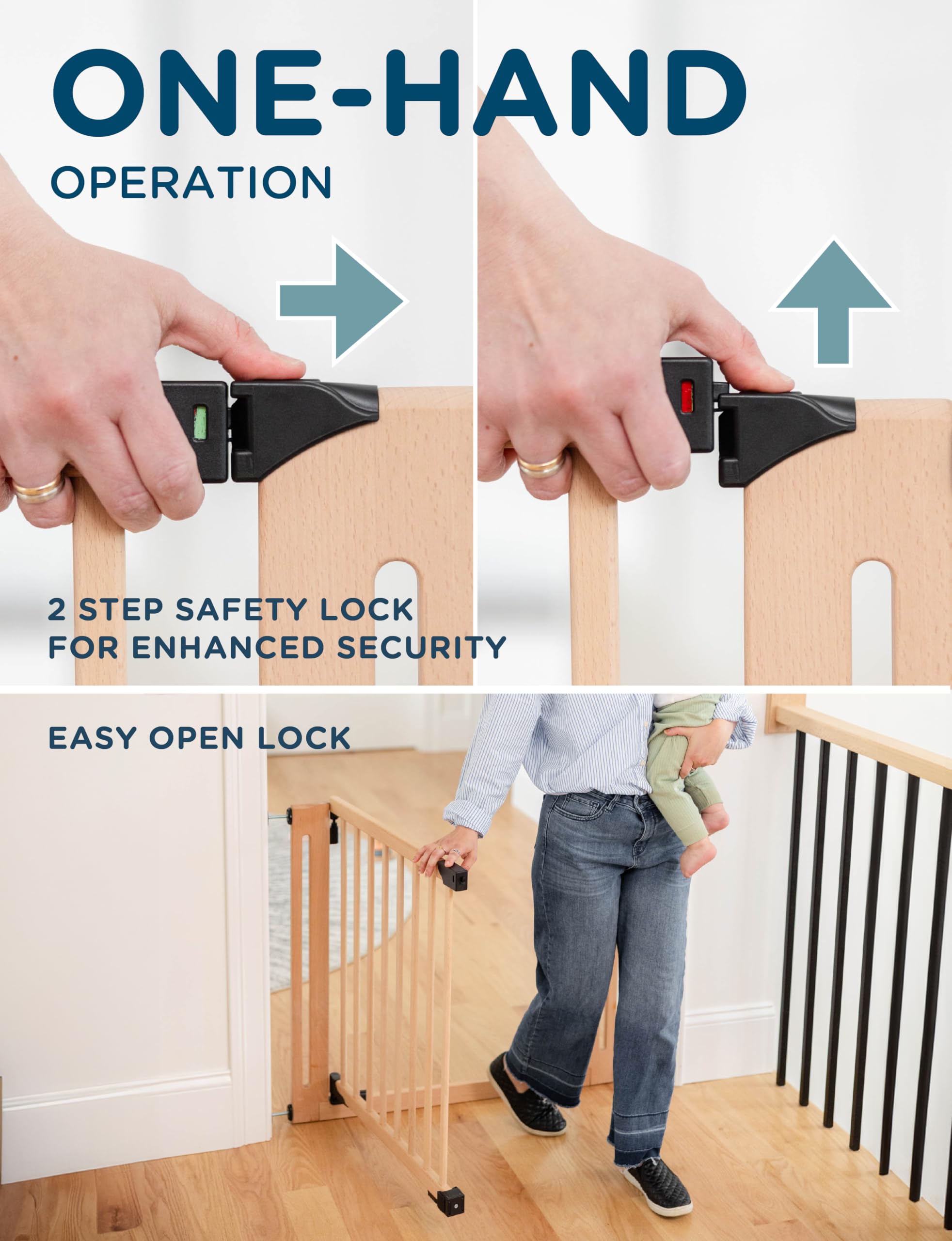 SizeWise Wood Pressure Mounted Safety Gate 27.6-31.5 | Extra-Wide Passage | Auto-Close Two-Way Opening for Doorways and Hallways