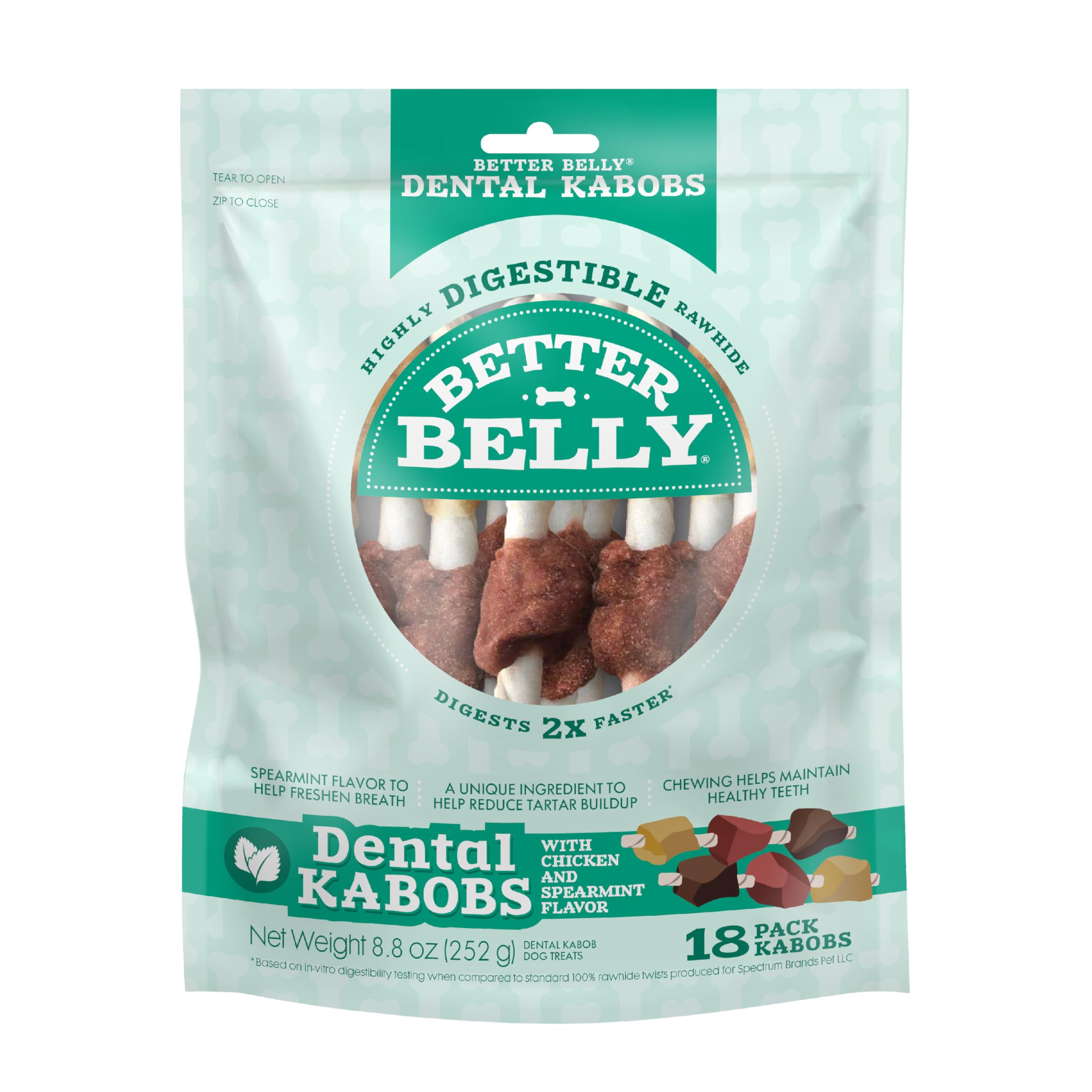 Better Belly Dental Kabobs, Dental Dog Chews with Breath-Freshening Spearmint, 18 Count