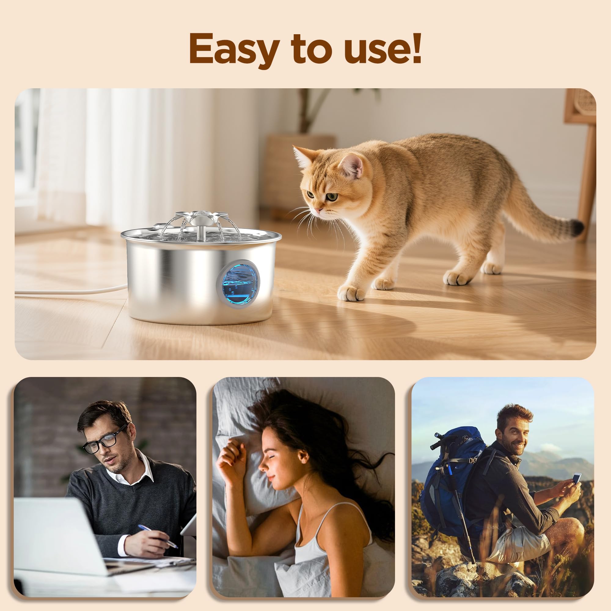 Cat Water Fountain Stainless Steel: 88oz/2.6L Pet Drinking Fountains with 6 Filters Water Bowl for Cats Inside with Flower Kitty