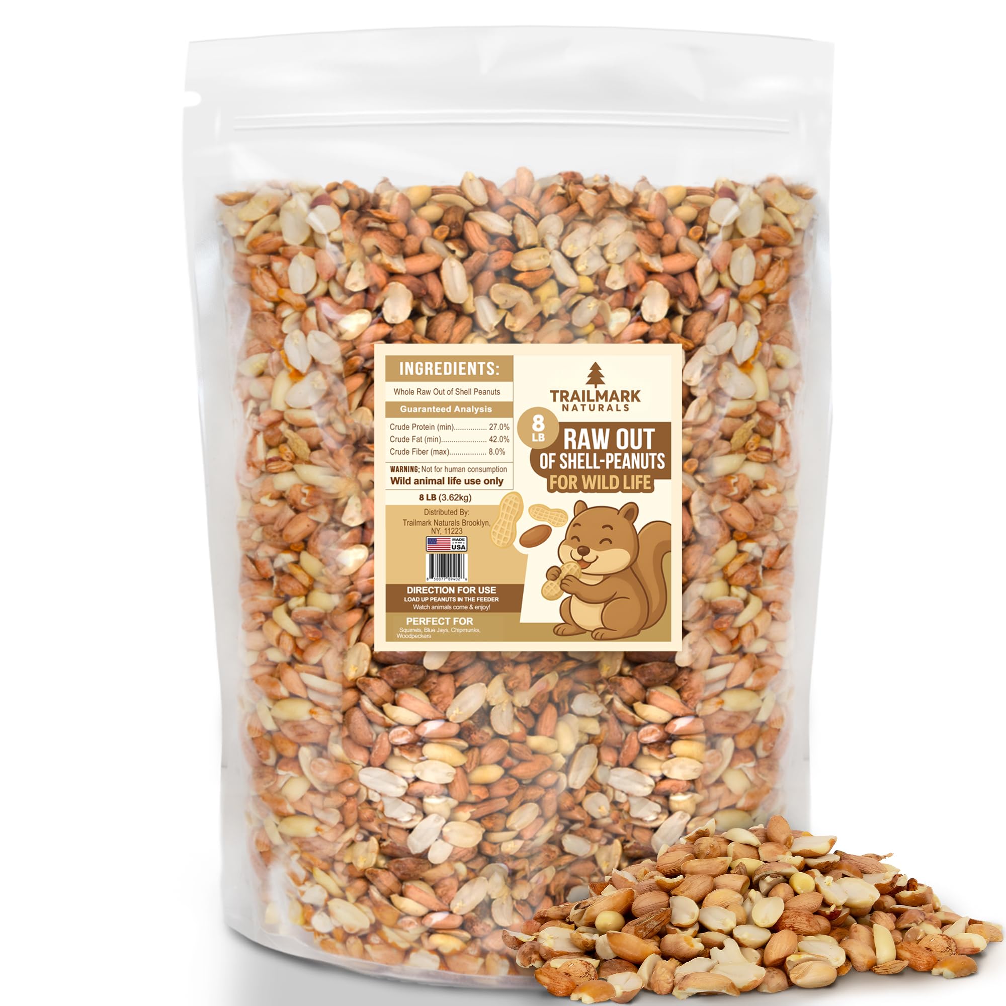 Trailmark Naturals - 8 LB - Raw Shelled Peanuts For Squirrels, Out of Shell Peanuts For Birds and Wildlife- Squirrel Food, Wild 