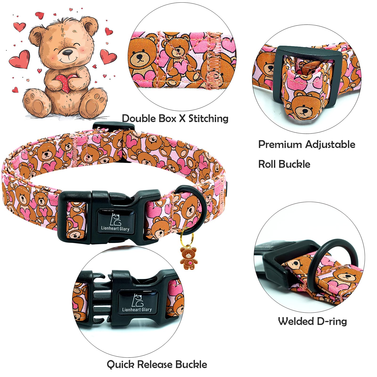 Lionheart Glory Valentine Collar-Bear Hearts Print Dog Collar For Medium Cute Pink Dog Collars Spring Female Pet Gift Adjustable