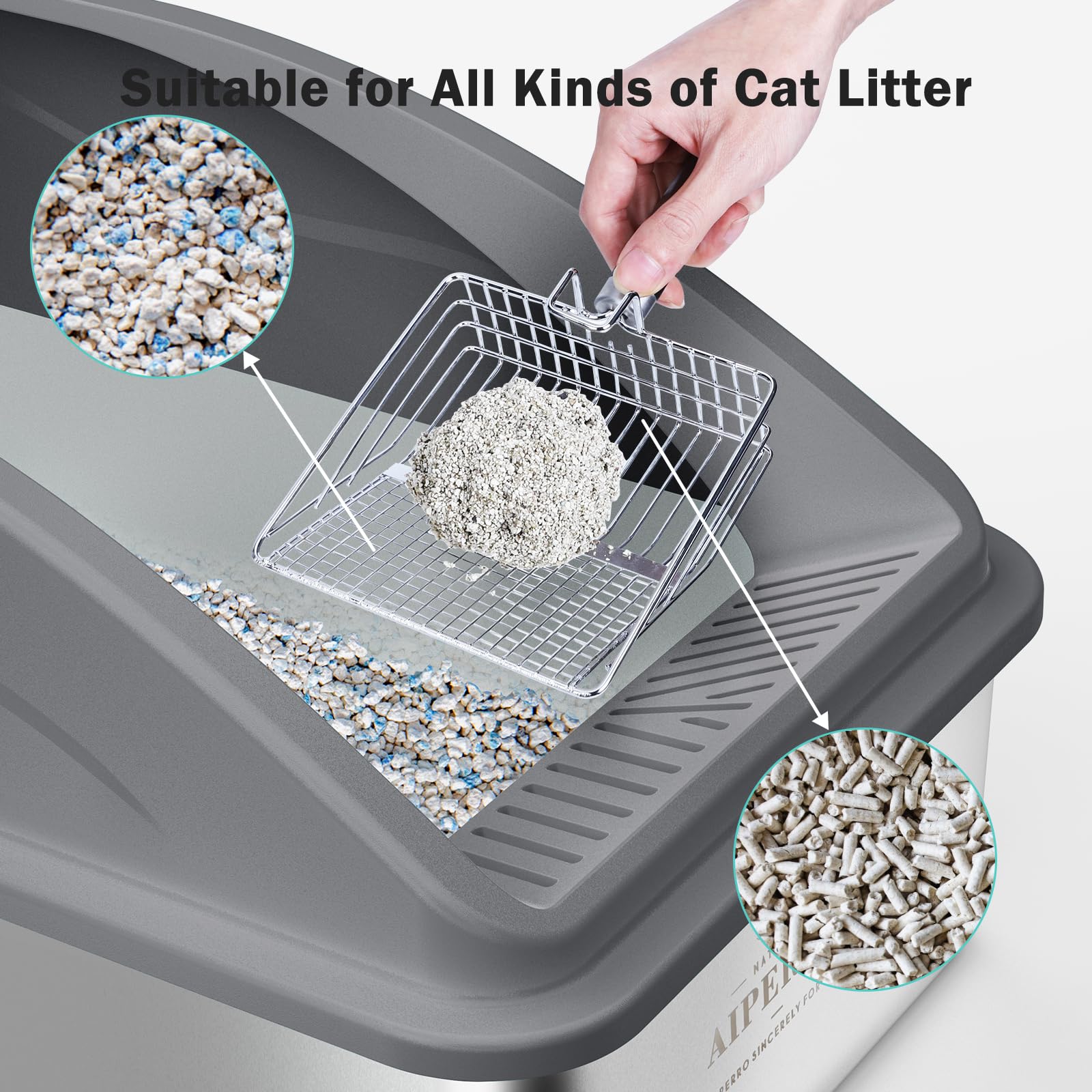 AIPERRO XL Stainless Steel Enclosed Cat Litter Box - Anti-Urine Leakage, Non-Stick Bottom, Dark Gray