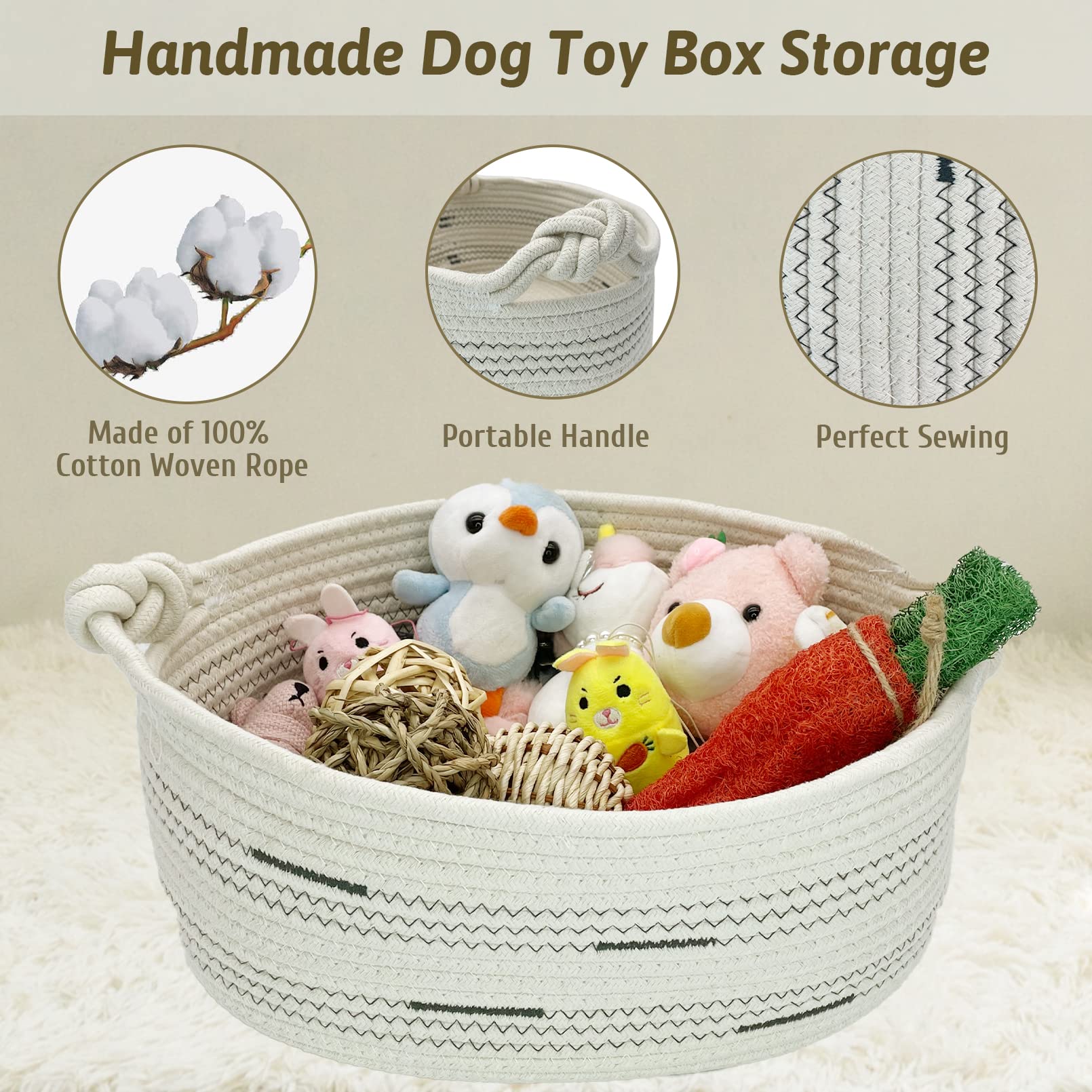 Fhiny Cotton Rope Dog Toy Basket With Handle Puppy Toys Storage Bin Small Woven Rectangle Diapers Pet Kitty Bed Perfect For Carr