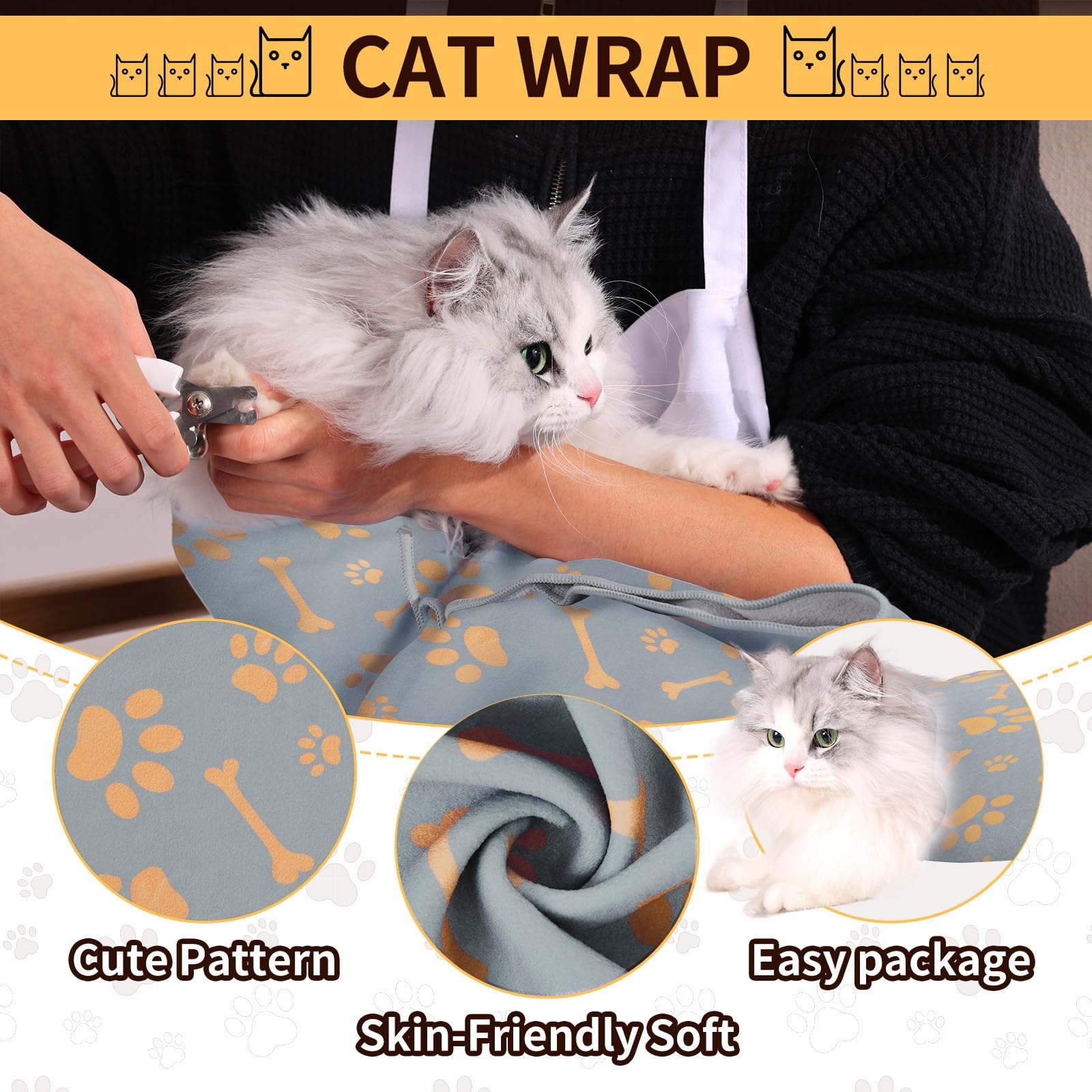 Turesmith Cat Wrap For Cutting Nails, Self Adhesive Cat Wrap For Nail Clipping, Cat Restraint For Grooming, Cat Swaddle Wrap For