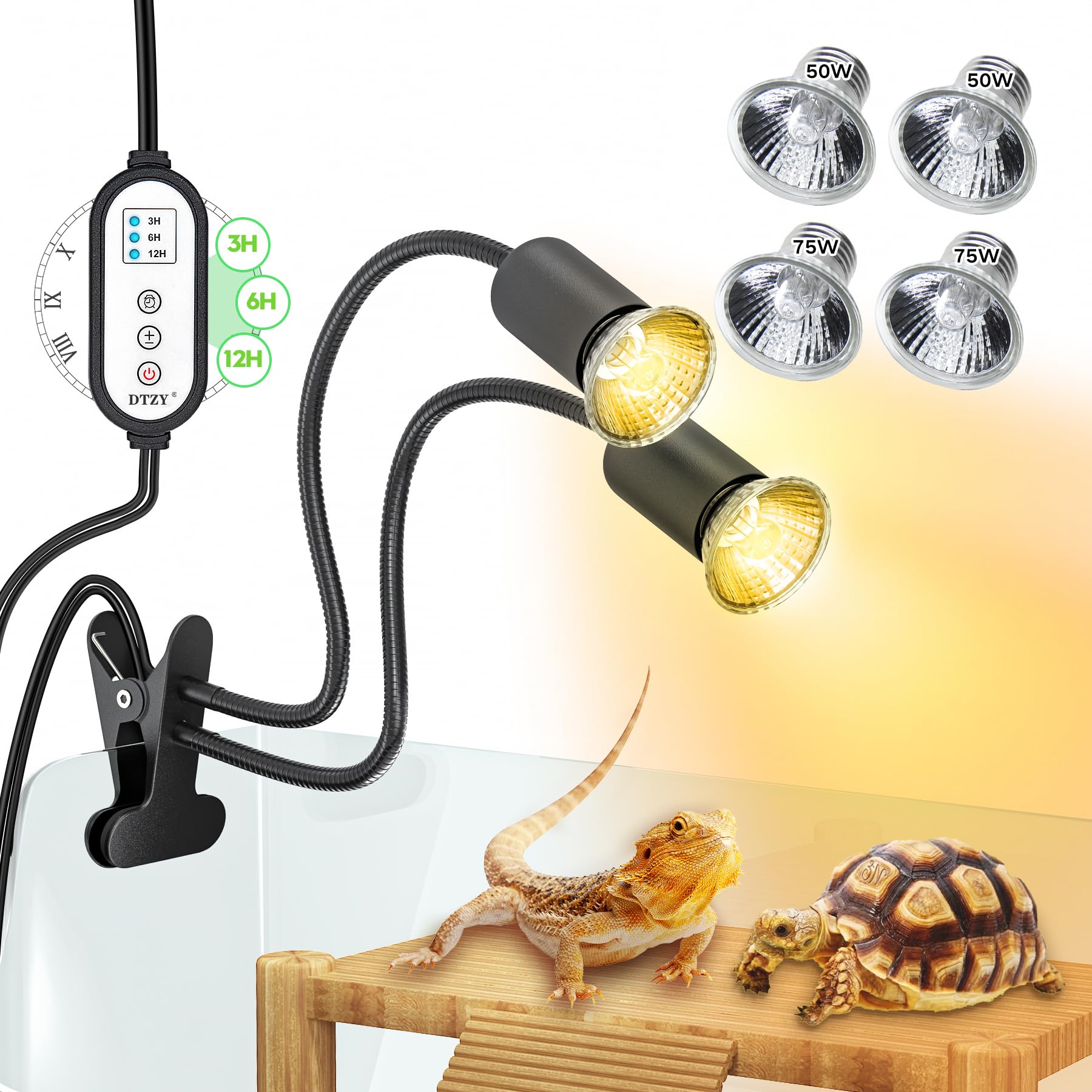 Reptile Heat Lamp, Dual-Head Uva/B Reptile Light With 3/6/12H Cycle Timer, Basking Light For Reptile Turtle Bearded Dragon Lizar