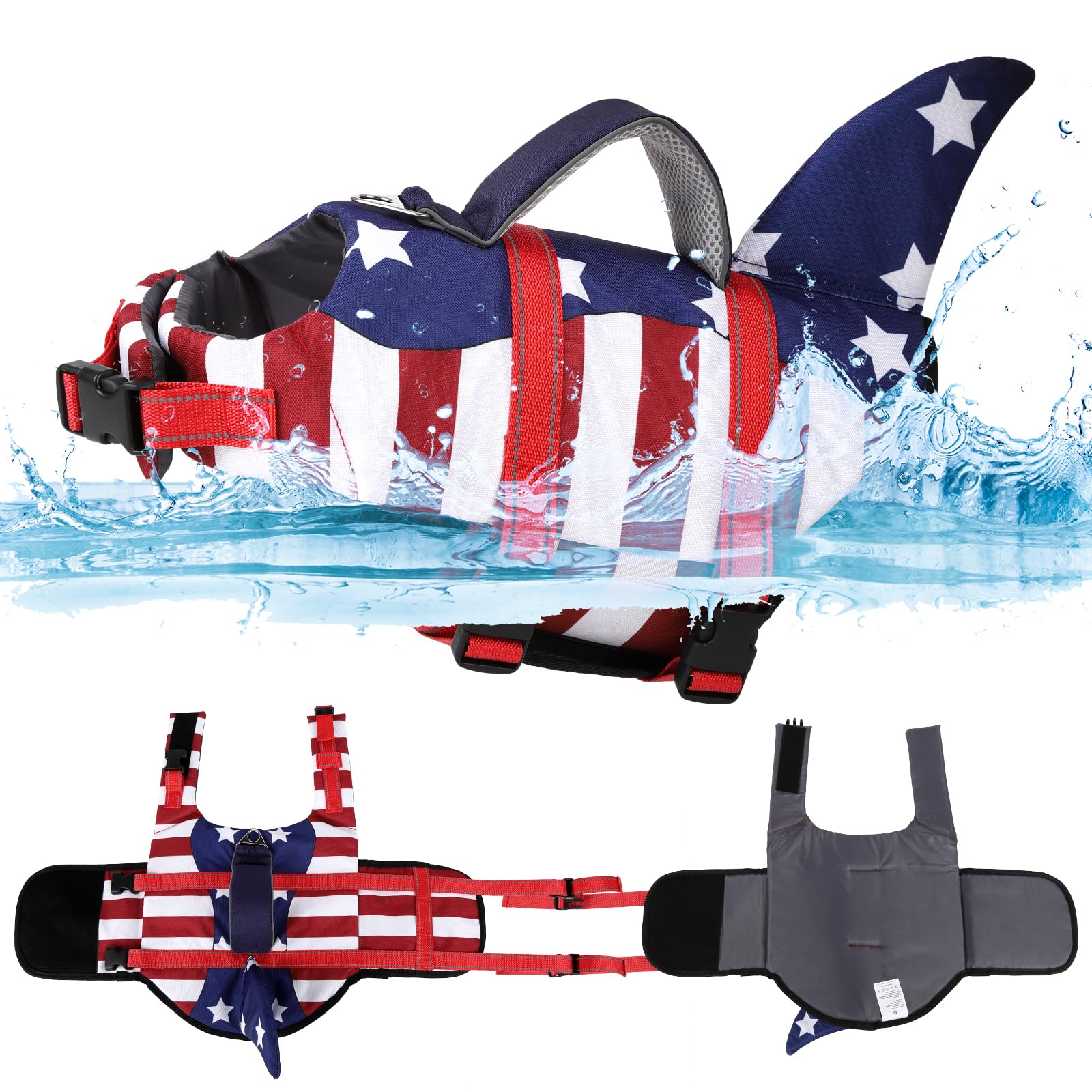 Tdtok Dog Life Jacket Shark Fin American Flag Pattern With Rescue Handle And Reflective Stripes, High Buoyancy Life Safety Vest