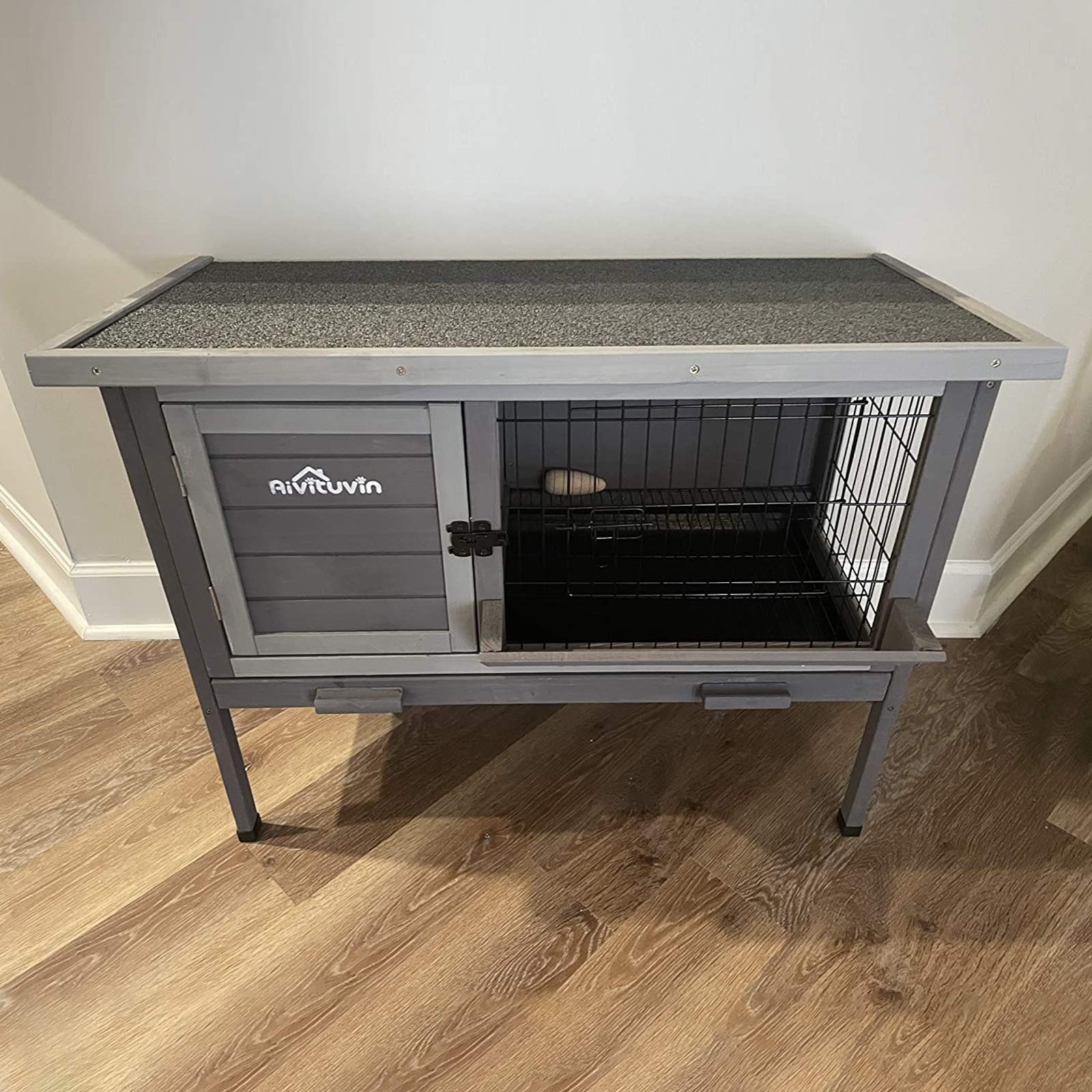 Aivituvin Outdoor Rabbit Hutch - Wooden Bunny Cage, Medium, Grey, Model AIR01-B with Leakproof Tray and Metal Wire Pan
