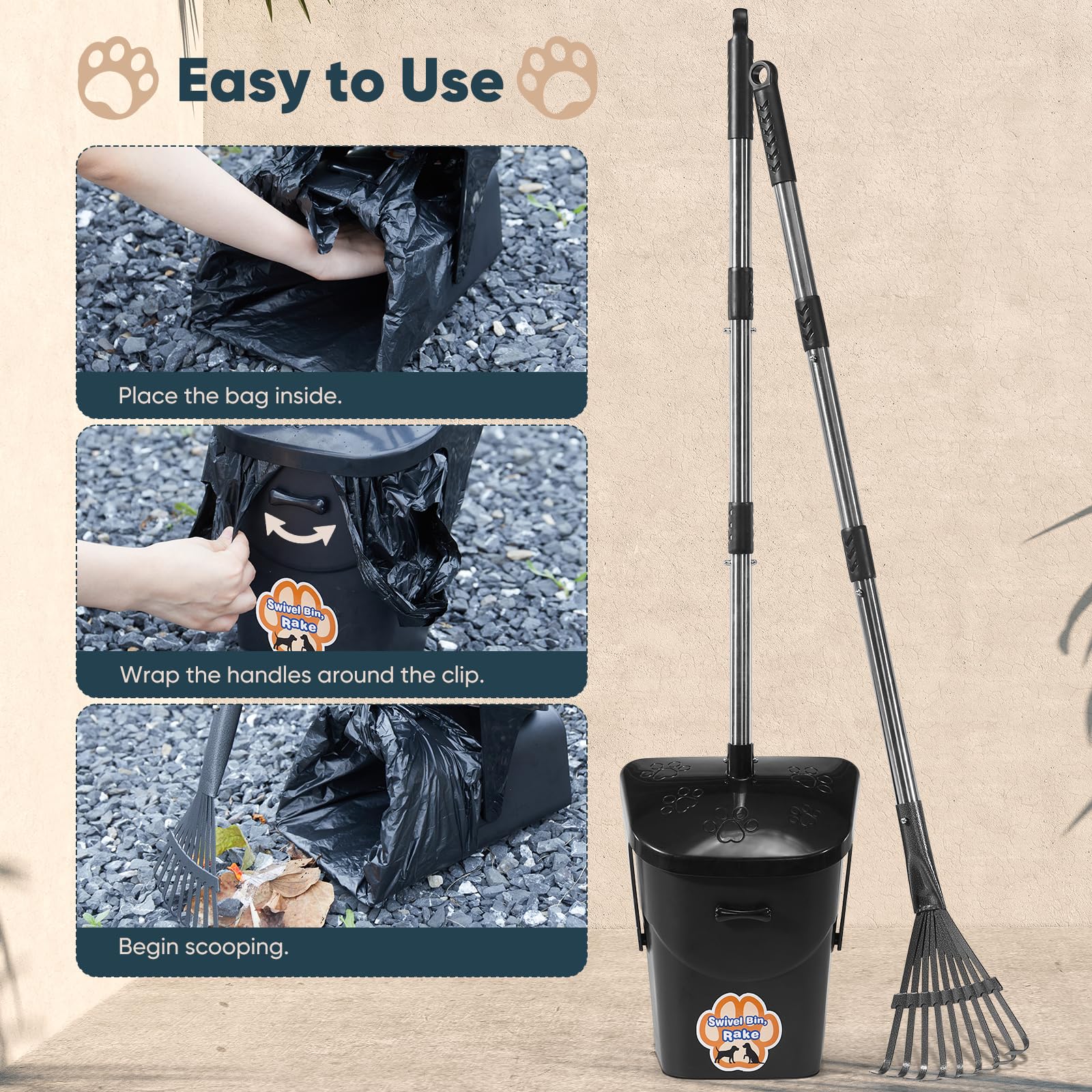 Ulugt Stainless Steel Dog Pooper Scooper,40'' Long Handle Swivel Bin, Rake And Spade,20 Waste Bags & Hook - Heavy Duty Portable