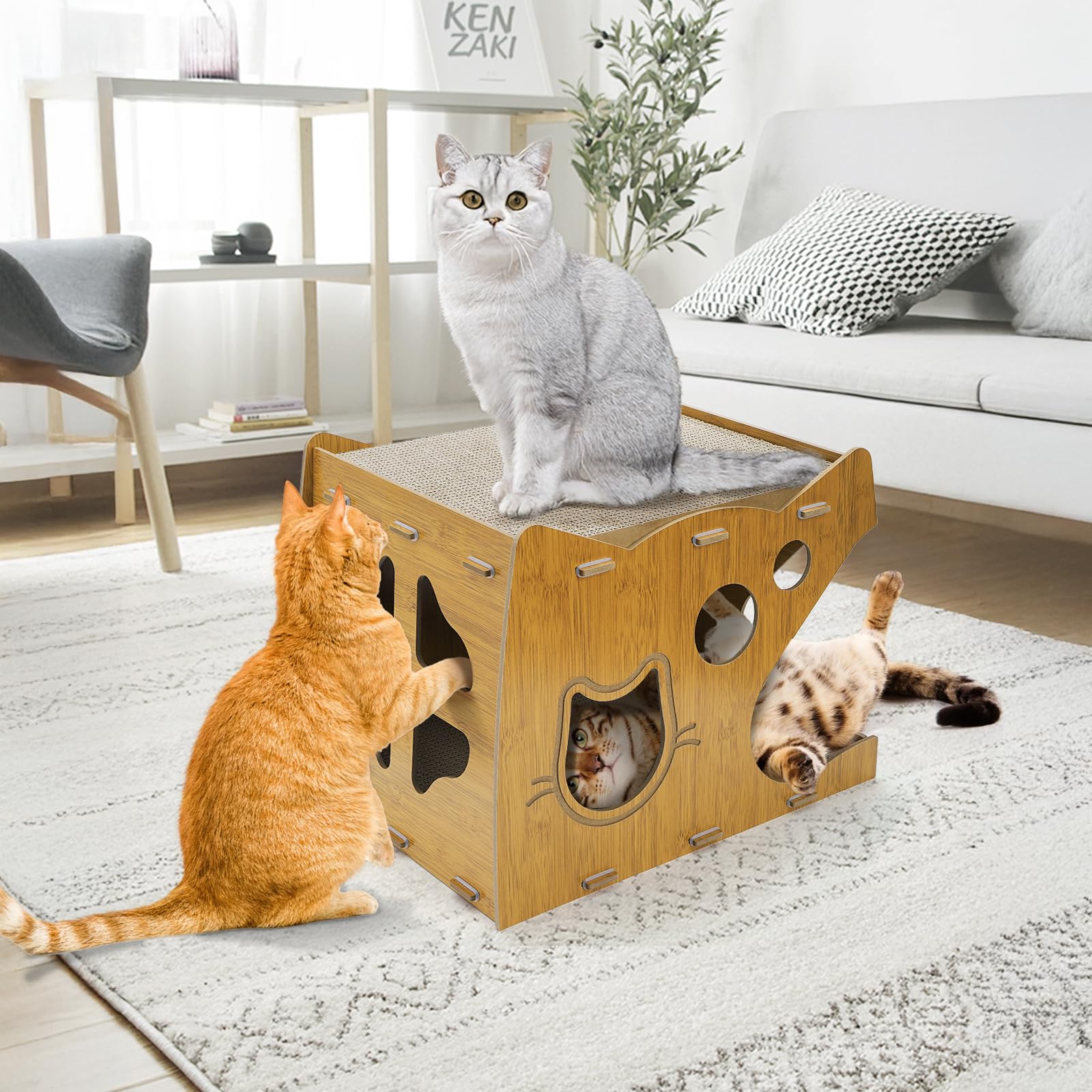 Wringkit 2-Level Cat Scratcher House, 2 In 1 Cat Cardboard House With Scratching Pads, Large Cat House Lounge For Indoor Cats To