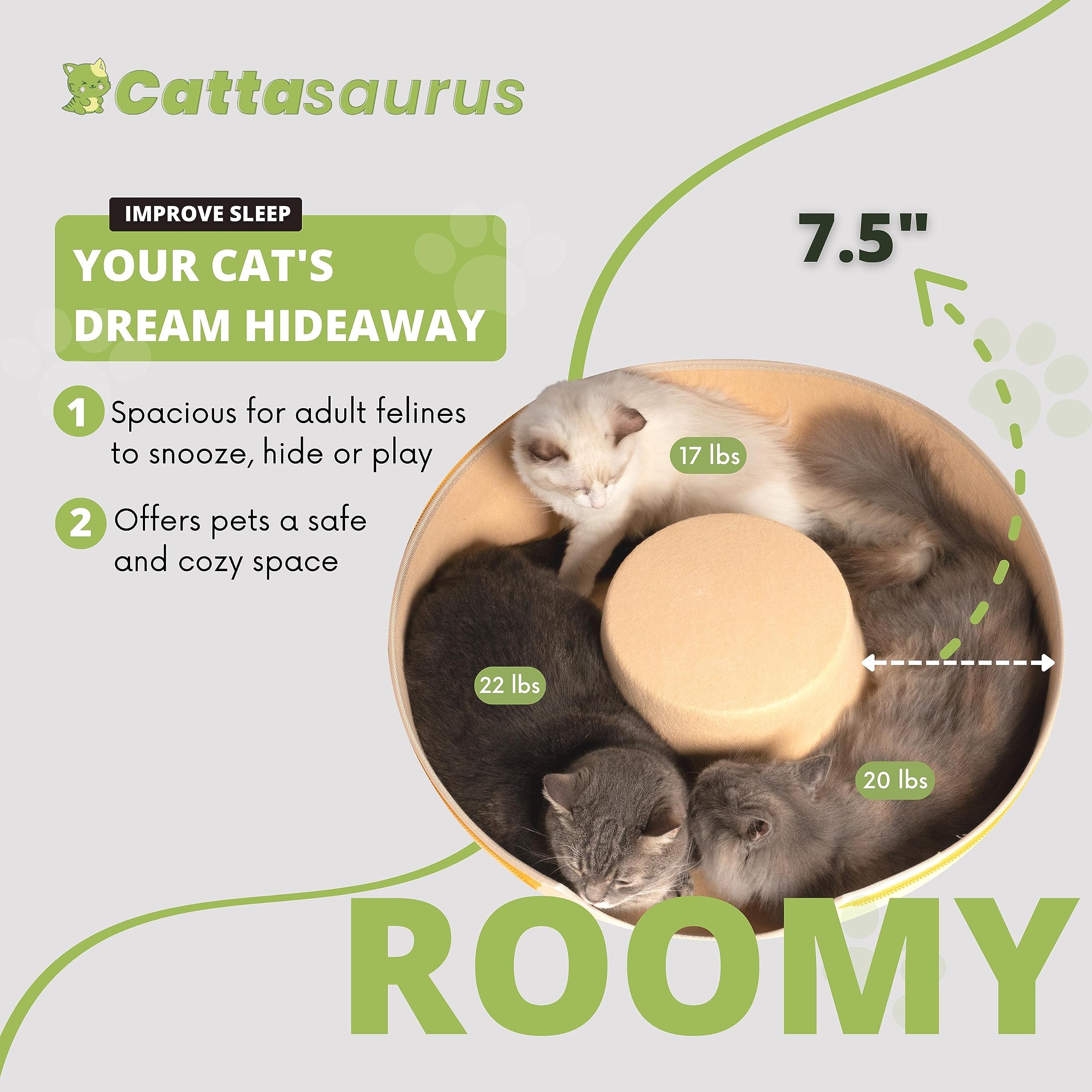 Cattasaurus Peekaboo Cat Cave - Large Pastel Macaron, Washable Felt Tunnel Bed for Multiple Cats Up to 45 Lbs, Model PAB1701