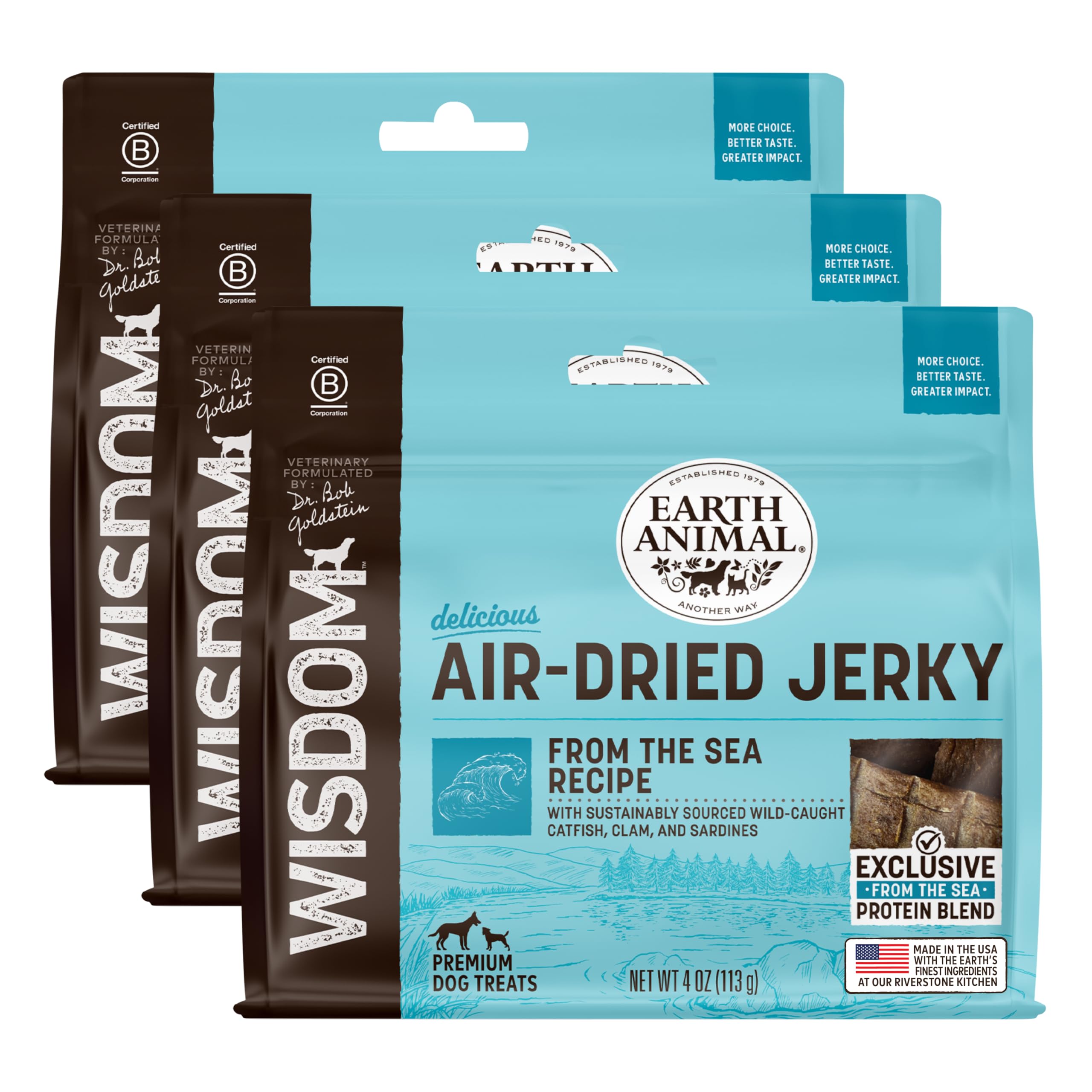 Earth Animal Wisdom Air-Dried Jerky from The Sea Recipe | Dog Treats | Dog Snacks | Premium Natural Fish Jerky Strips | 4 oz |Ma