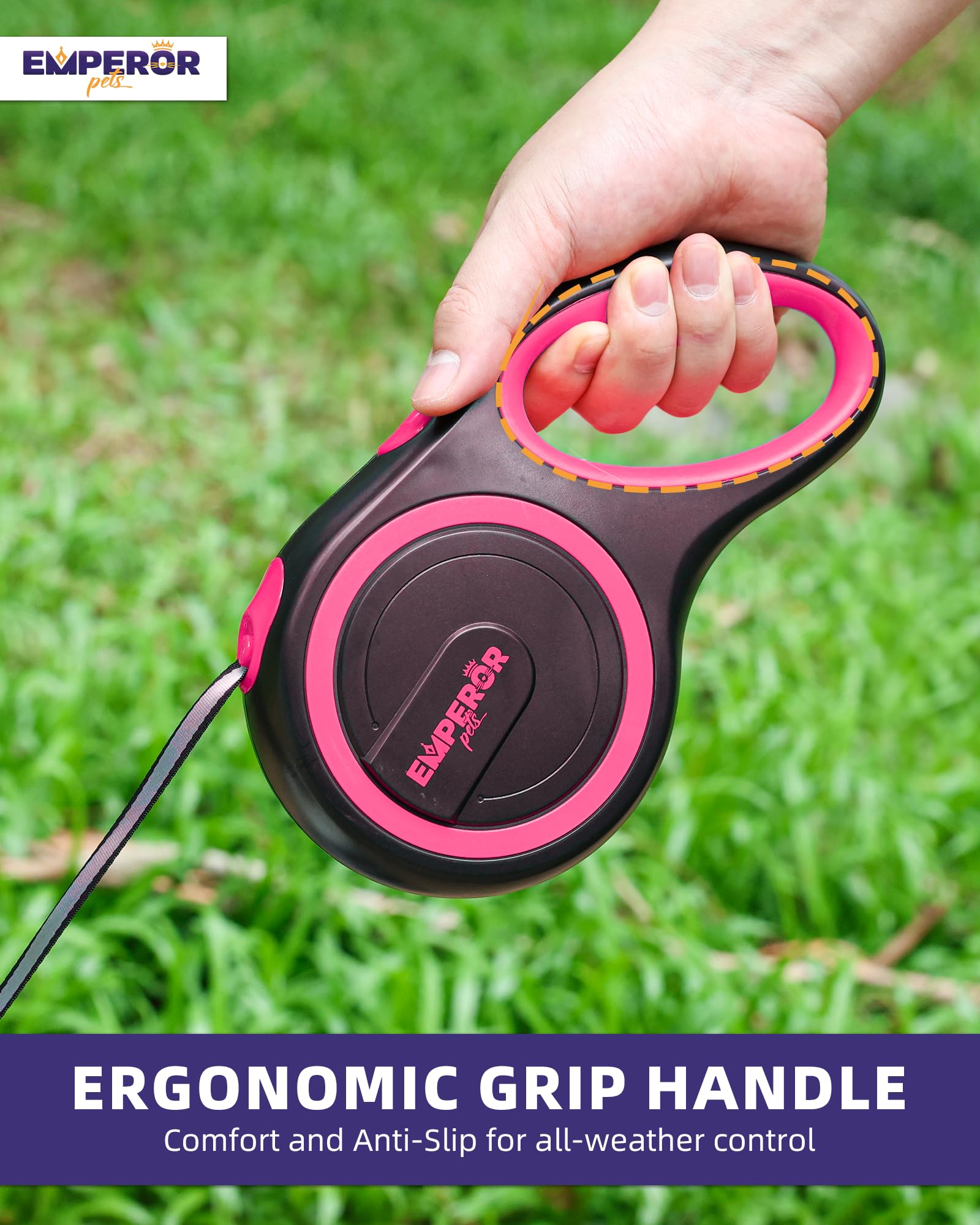 Emperor Pets 16 Ft Retractable Dog Leash - Heavy Duty Retractable Pet Leash With Anti-Slip Grip - Reflective Dog Leash Tape For