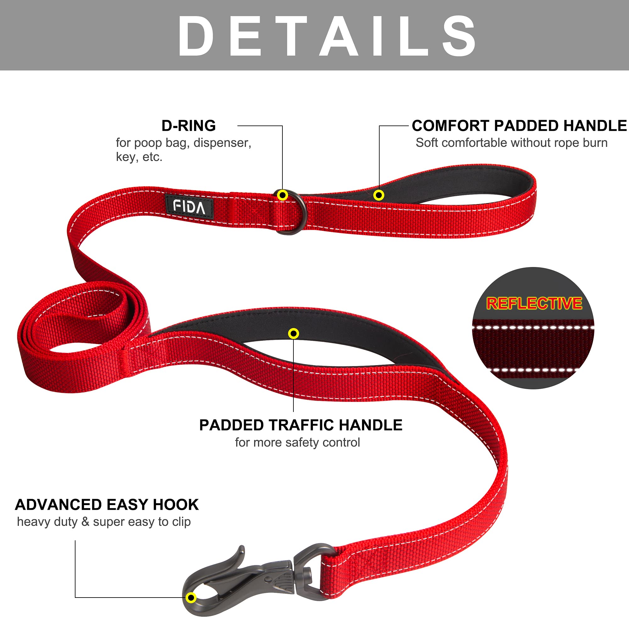 Fida Heavy Duty Dog Leash - 5 FT Nylon with Padded Handles, Reflective, Red