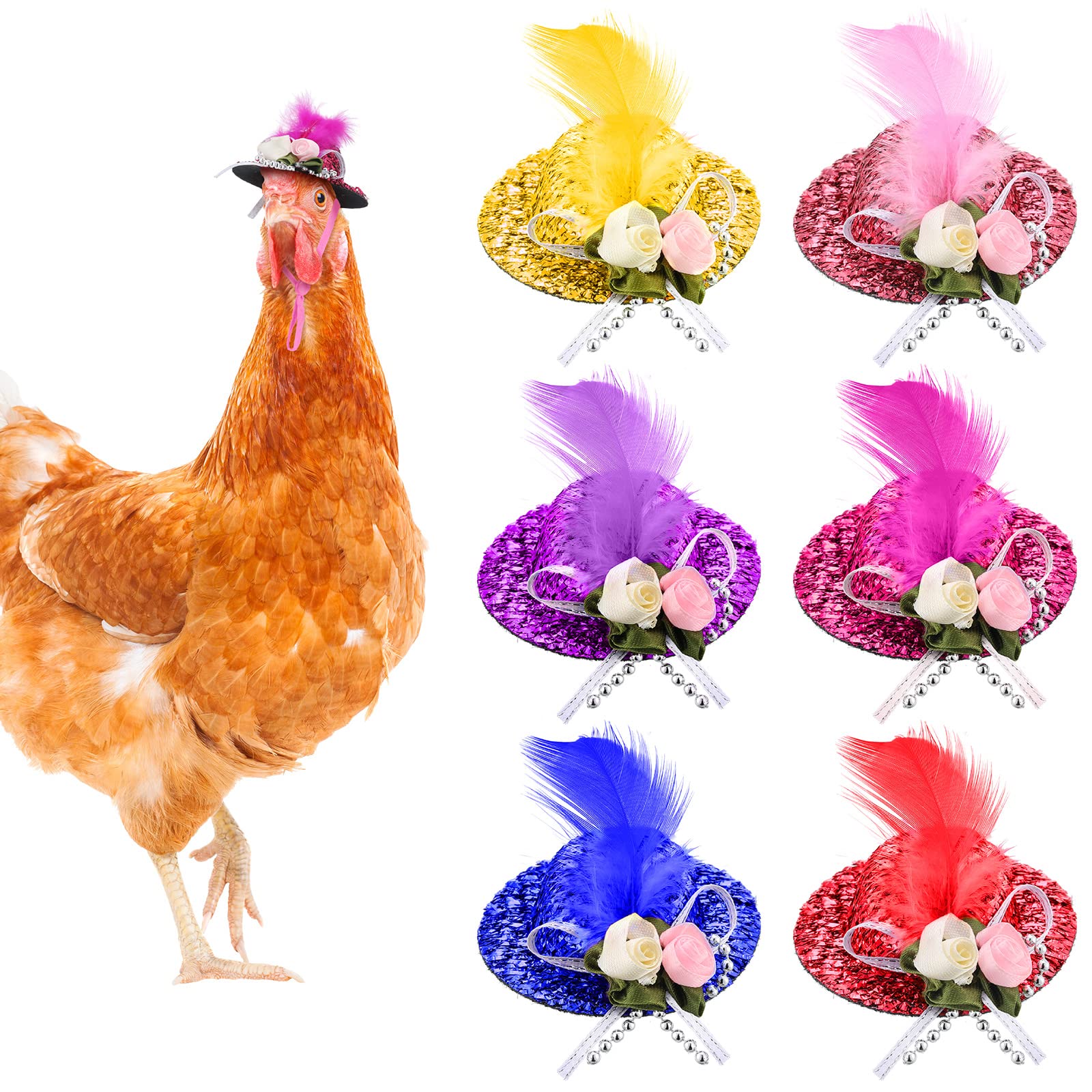 6 Pieces Chicken Hats For Hens Tiny Pets Funny Halloween Accessories Feather Top Hat With Adjustable Elastic Chin Strap Rooster Duck Parrot Poultry Stylish Show Costume (Novelty Style)