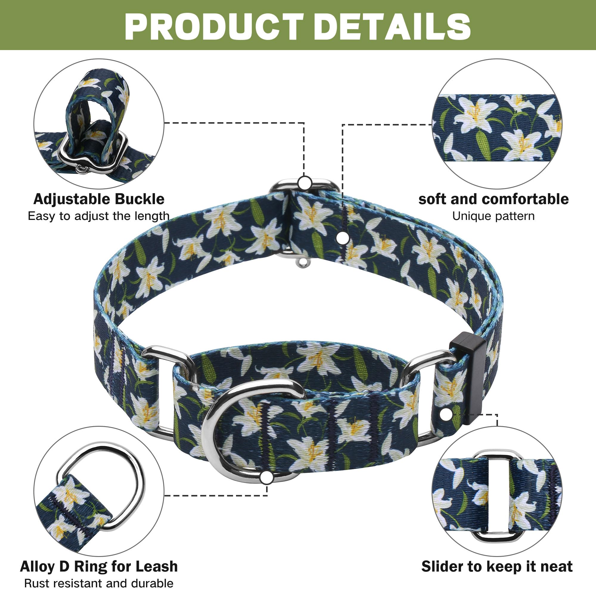 Hikiko Martingale Collar With No Buckle Cute Girl Female Floral Dog Collars For Small Dogs,Lily,S