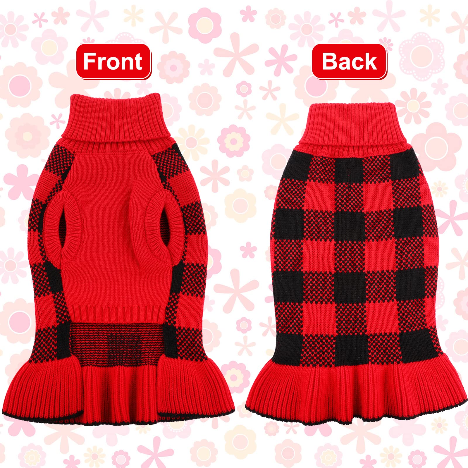 Lelepet Warm Winter Dog Sweater Dress - Xmas Turtleneck Pullover Knitwear Plaid Christmas Sweater For Small, Medium, Large Dogs