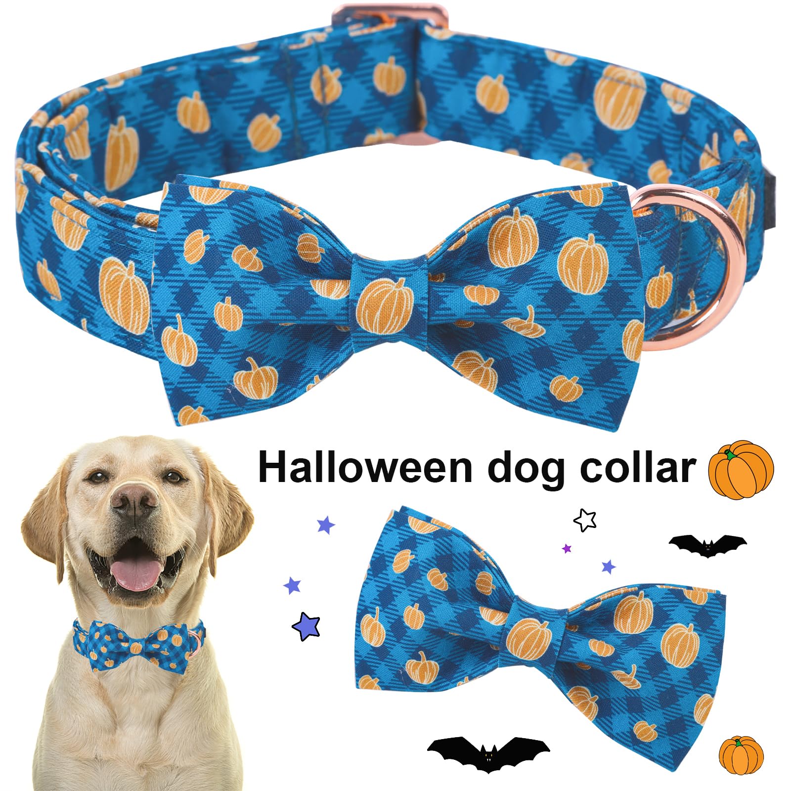 Aring Pet Halloween Dog Collar, Cotton Plaid Pumpkin Dog Collar With Bow, Adjustable Halloween Pumpkin Dog Collars With Metal Buckle