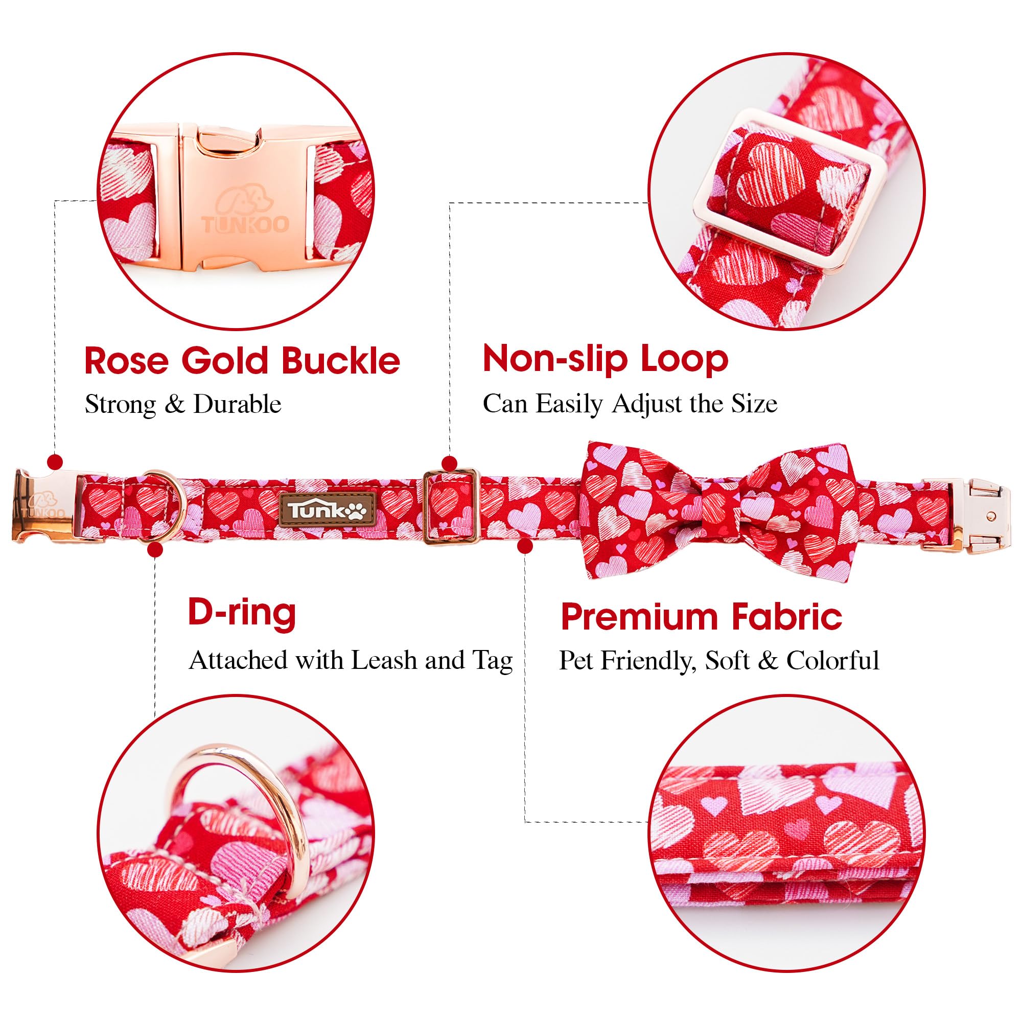 Tunkoo Valentine'S Day Dog Collar With Bow - Adjustable, Heart Print Design, Rose Gold Metal Buckle Cute & Stylish Pet Accessory