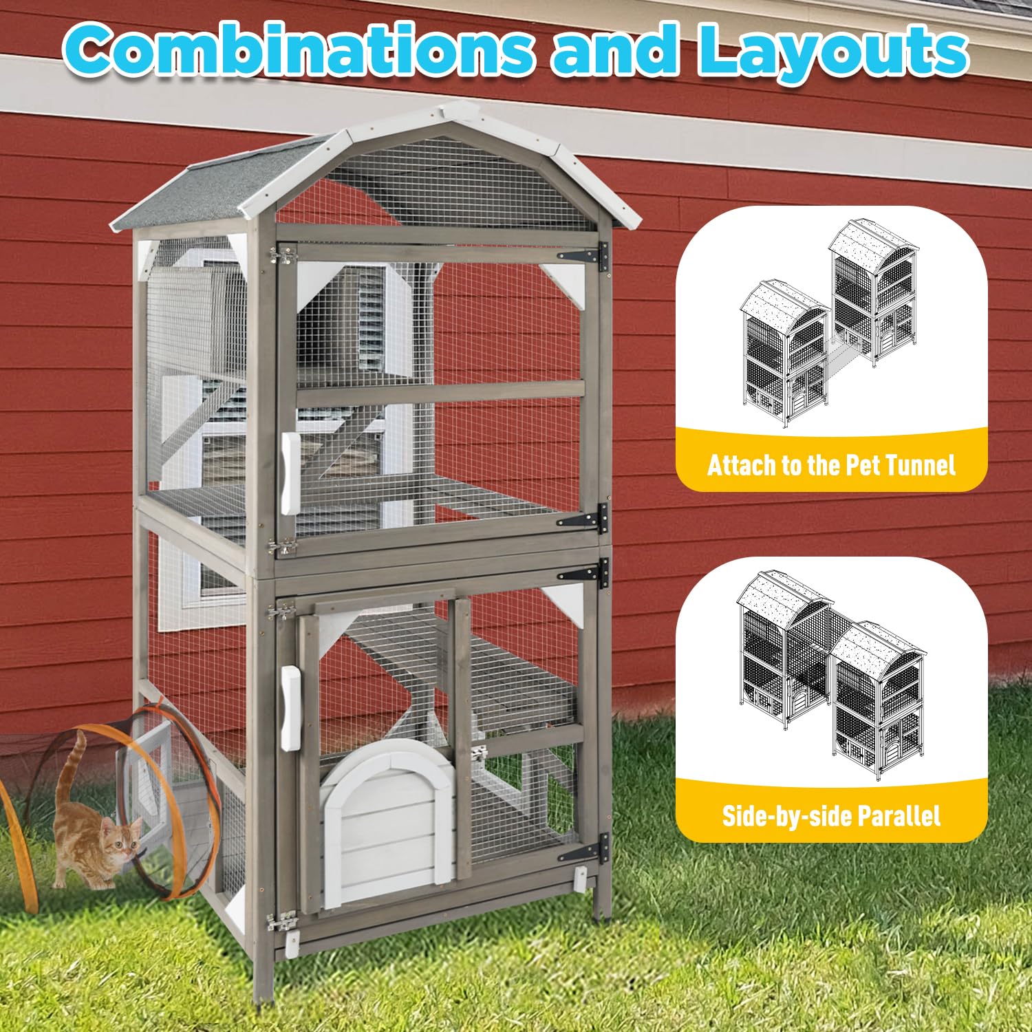 Gowoodhut 71'' Large Cat House - Waterproof Outdoor Catio Enclosure, Greywhite, Model CAT12-FBA-GreyWhite