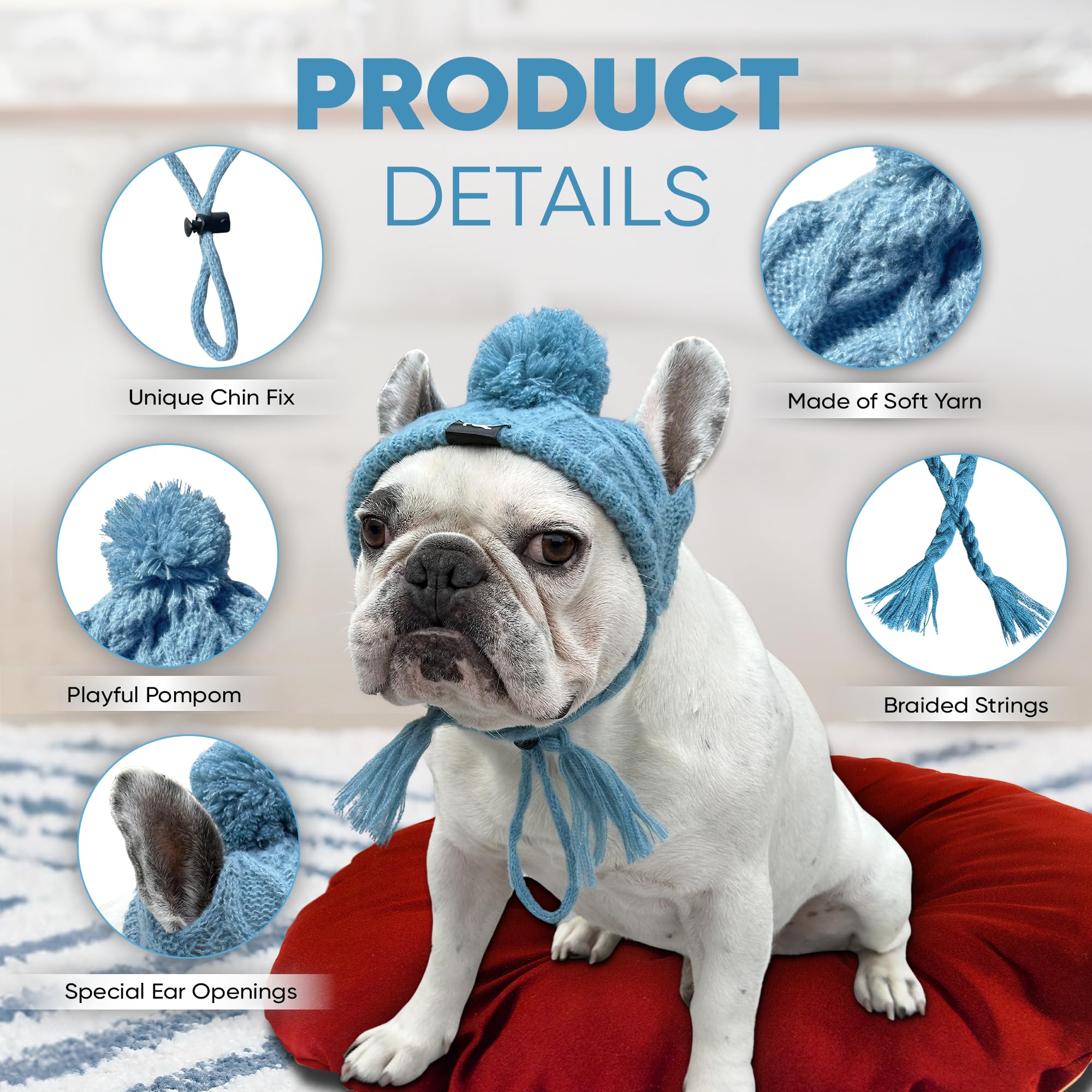 Classic Knit Hat For Dogs - With Ear Holes & Adjustable Chin Strap - Beanie For French Bulldog - Soft Fabric, Stylish Accessorie