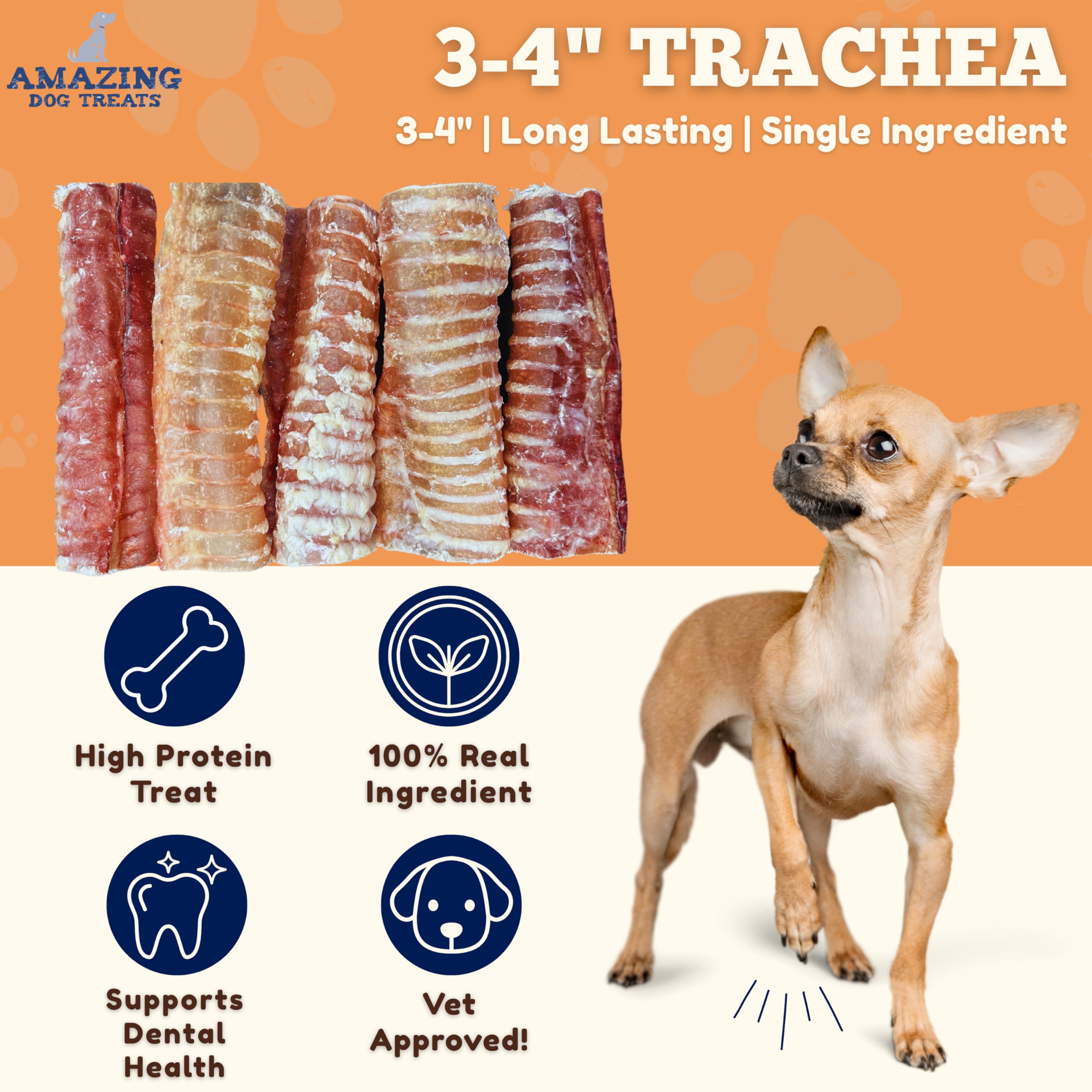 Amazing Dog Treats - Beef Trachea Rings (3-4 Inch, 12 Count) -Premium Dog Chews- Great for Small Size Dogs - Excellent Source of