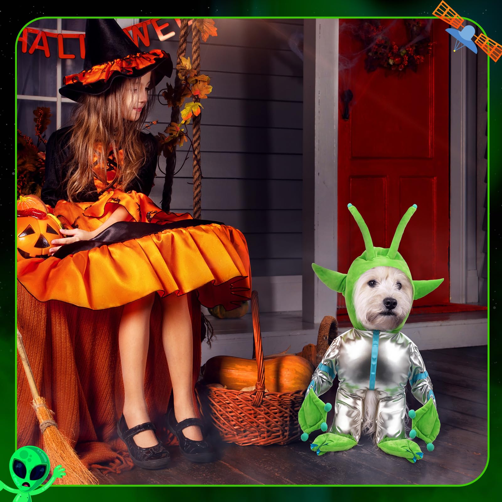 Huhumy Green Alien Costume for Small Dog, Medium Dog Halloween Astronaut Outfits Alien Pet Costume Cute Hooded with Reflective O