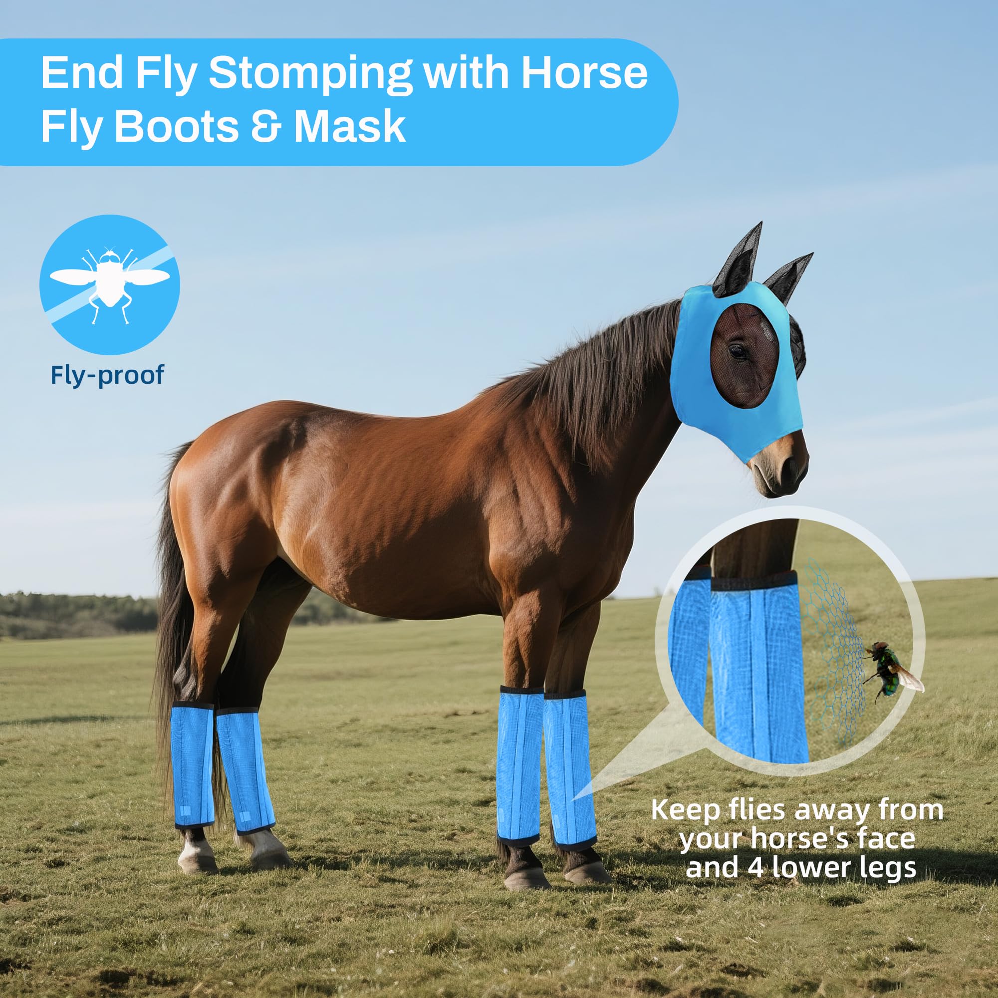 GRETMIX Horse Fly Boots & Horse Fly Mask Set of 5, Mesh Ventilated Fly Boots for Horses, Adjustable and Universal Fit for 4 Legs