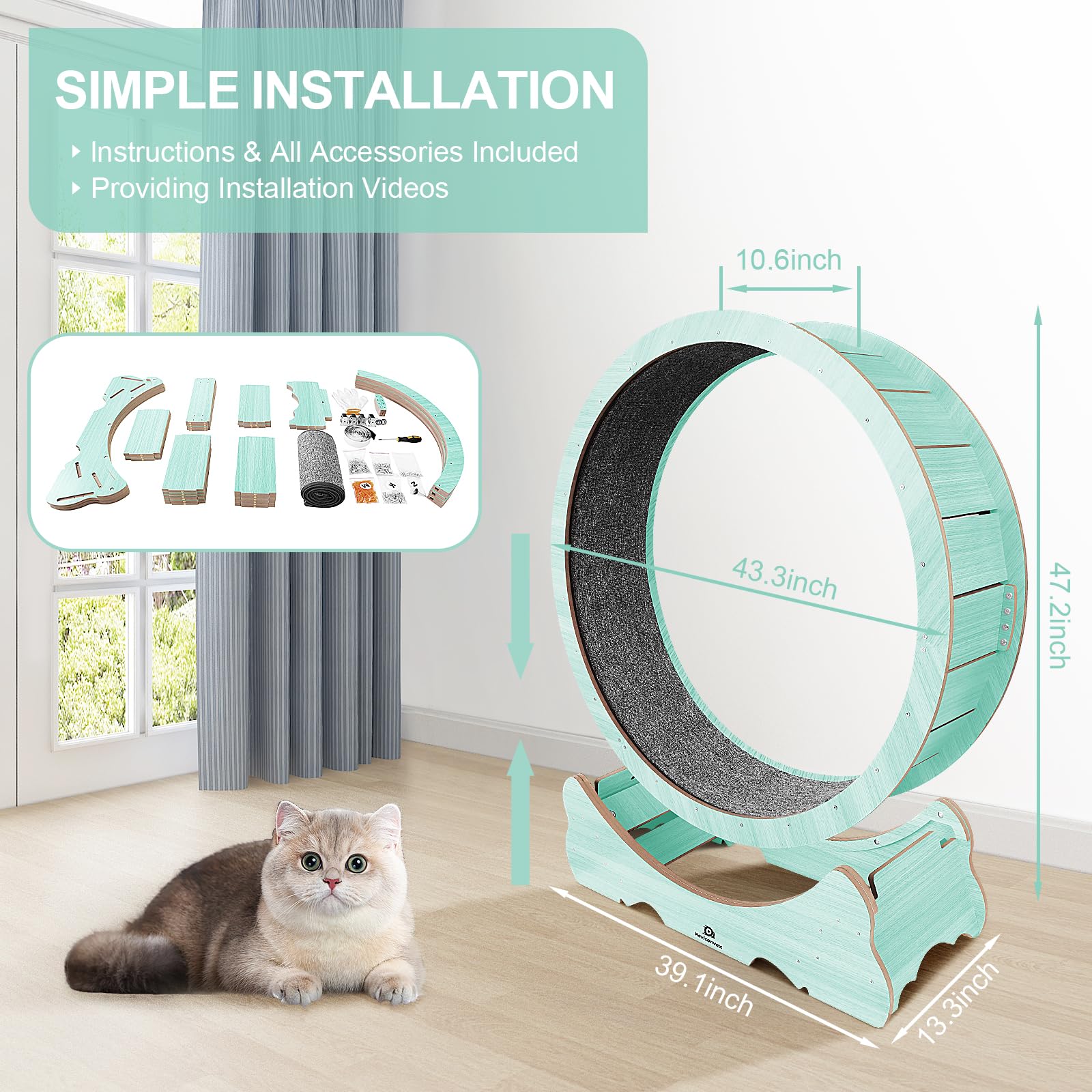 Naviconvex Cat Wheel, 47 Xl Large Cats Exercise Running Wheel, Cat Treadmill For Indoor Cats, Green